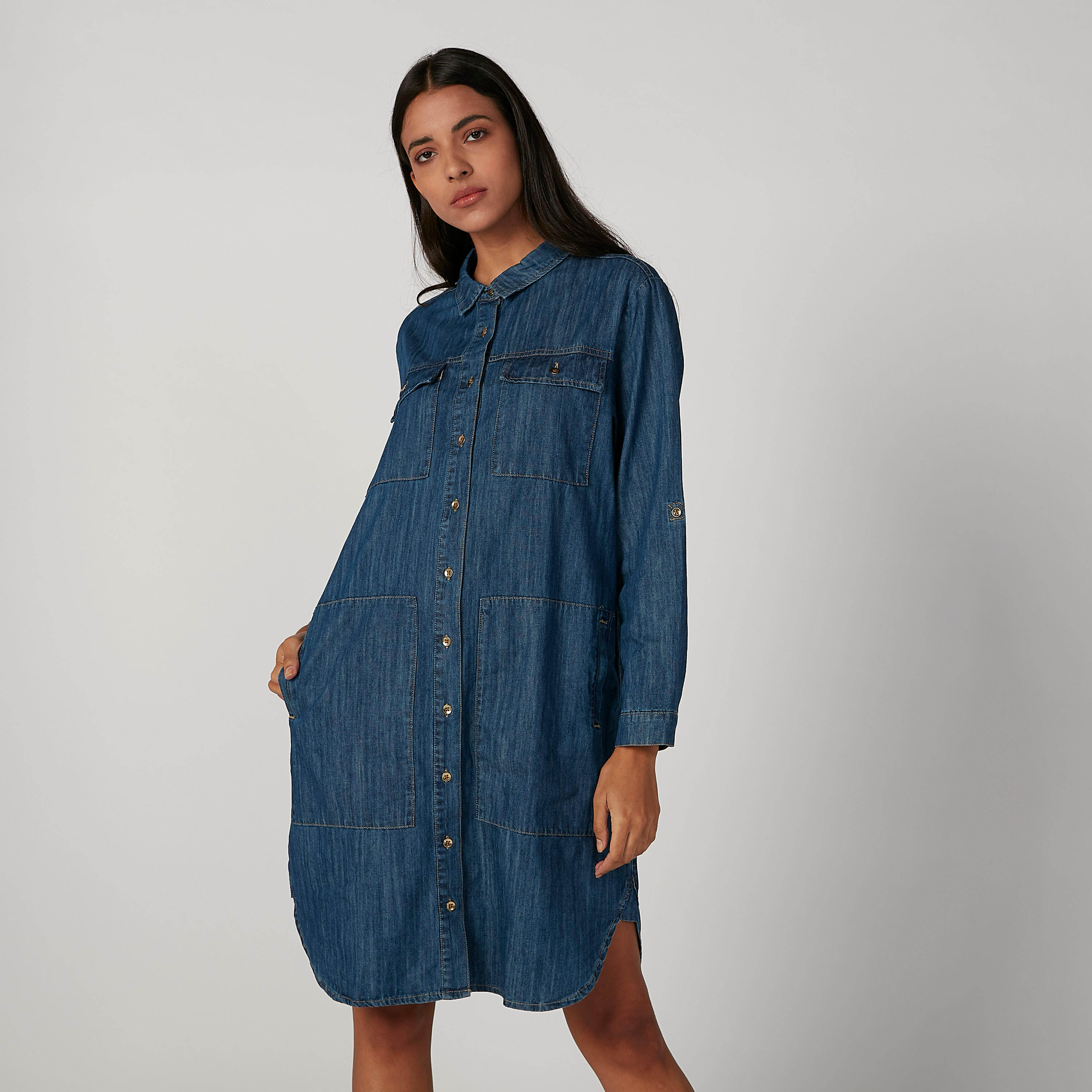 فستان قميص ميدي بأكمام طويلة وجيوب من آيكونيك-women-clothing-dresses-image-1