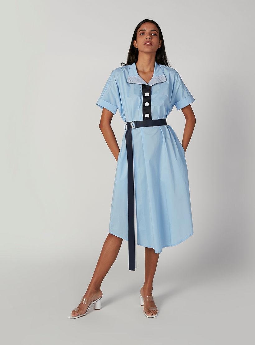 فستان ميدي إيه لاين سادة بأكمام قصيرة وحزام من آيكونيك-women-clothing-dresses-image-1
