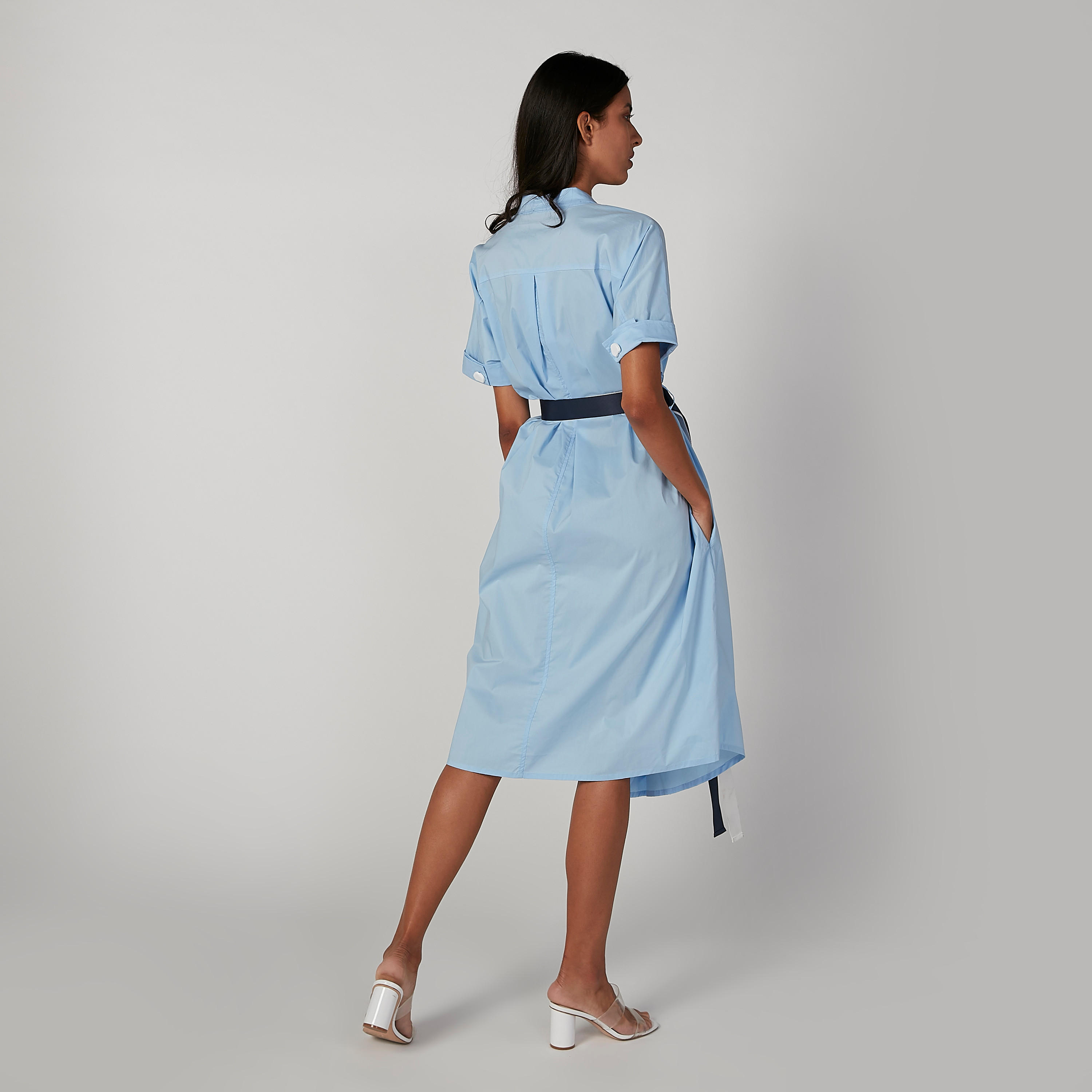 فستان ميدي إيه لاين سادة بأكمام قصيرة وحزام من آيكونيك-women-clothing-dresses-image-4