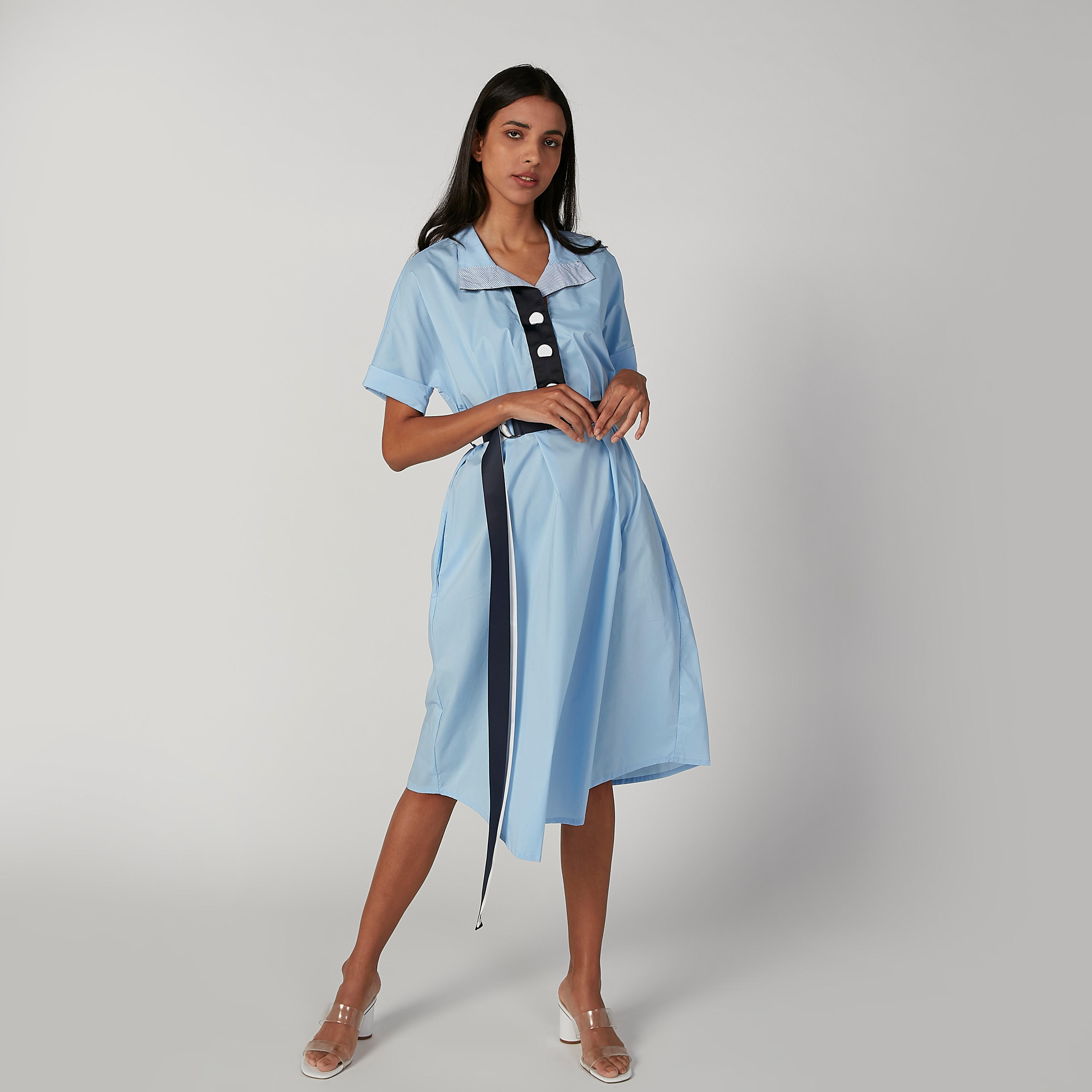 فستان ميدي إيه لاين سادة بأكمام قصيرة وحزام من آيكونيك-women-clothing-dresses-image-5