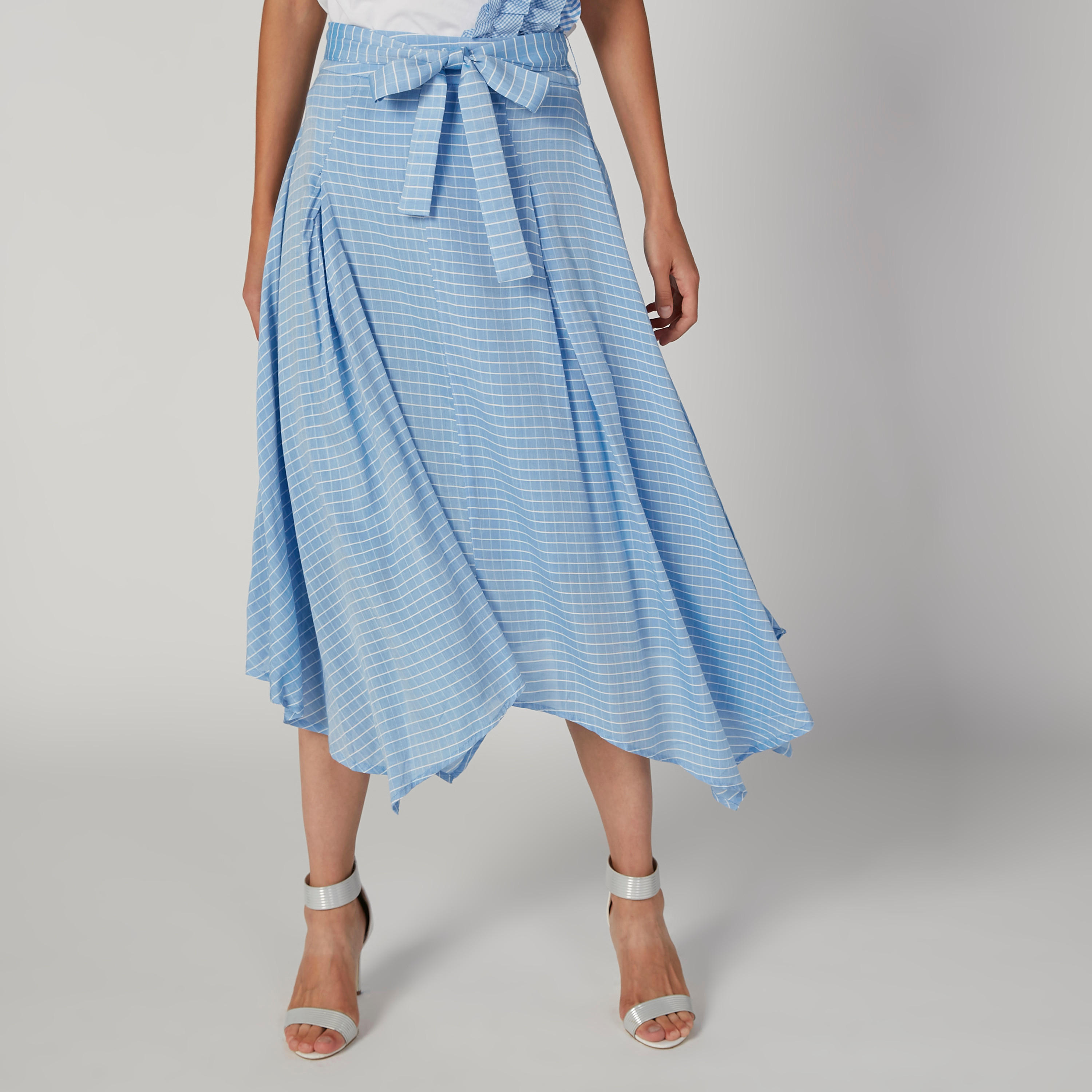 تنورة ميدي مقلّمة بحواف غير مستوية وأربطة من آيكونيك-women-clothing-bottoms-skirts-image-1