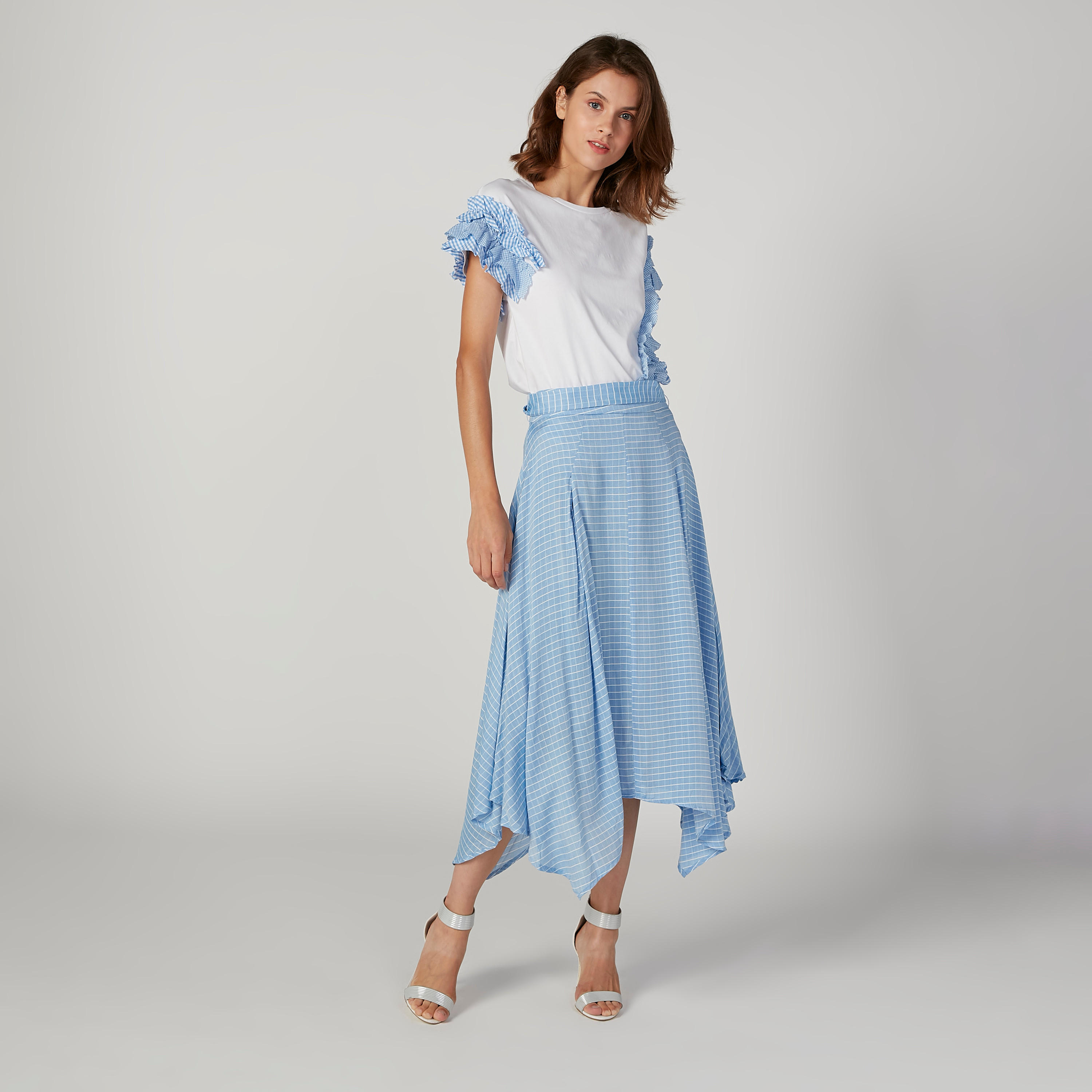 تنورة ميدي مقلّمة بحواف غير مستوية وأربطة من آيكونيك-women-clothing-bottoms-skirts-image-2