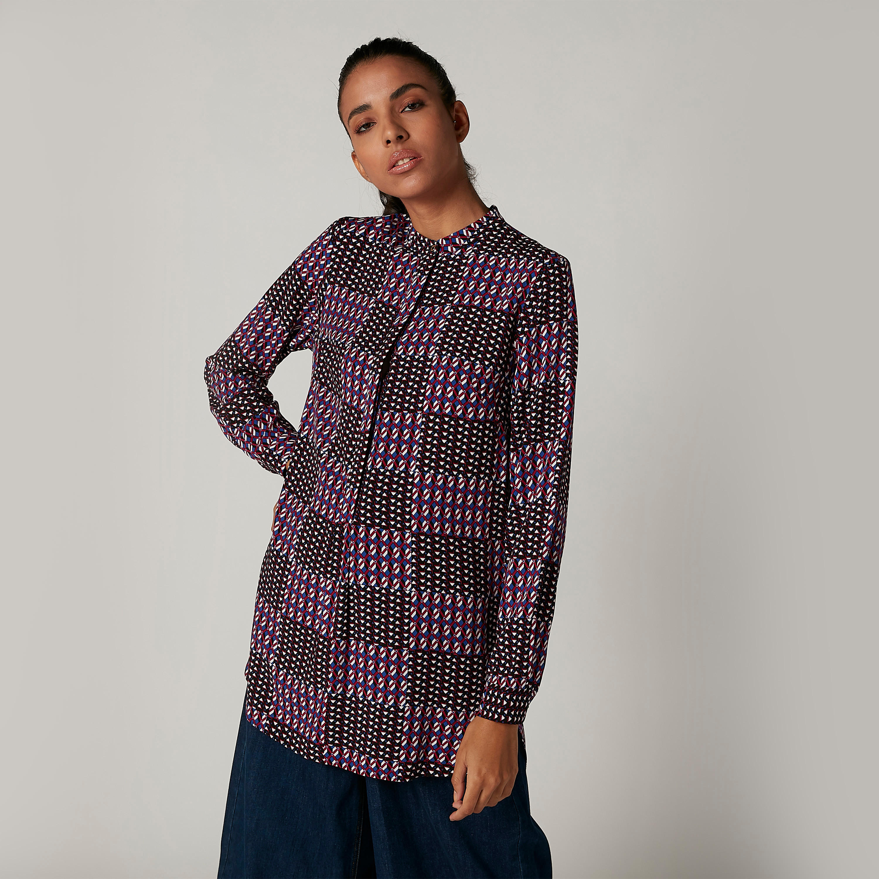 Iconic Printed Top with Mandarin Collar and Long Sleeves-women-clothing-shirtsandblouses-blouses-image-1