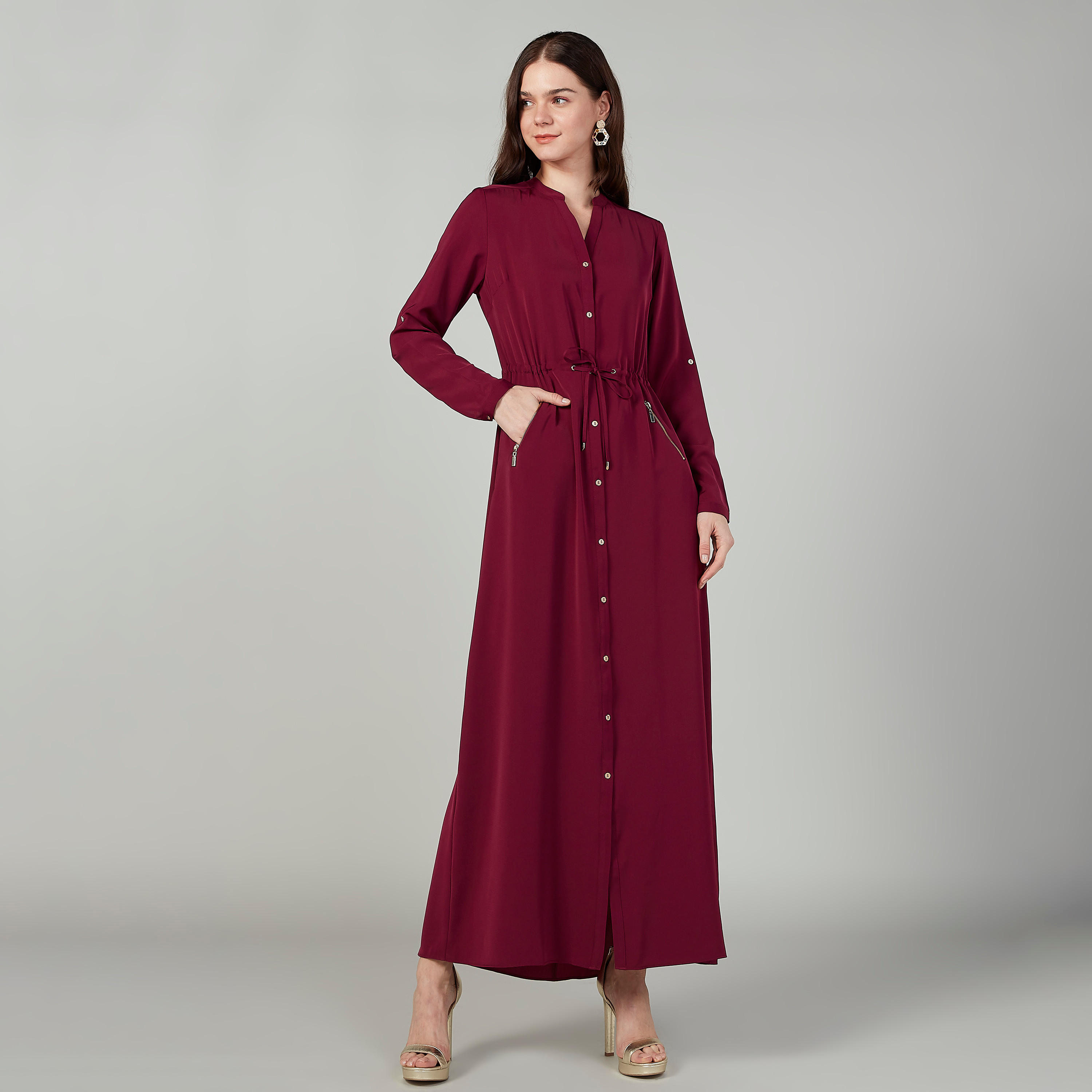 فستان قميص طويل سادة بأكمام طويلة وجيوب من آيكونيك-women-clothing-dresses-image-1