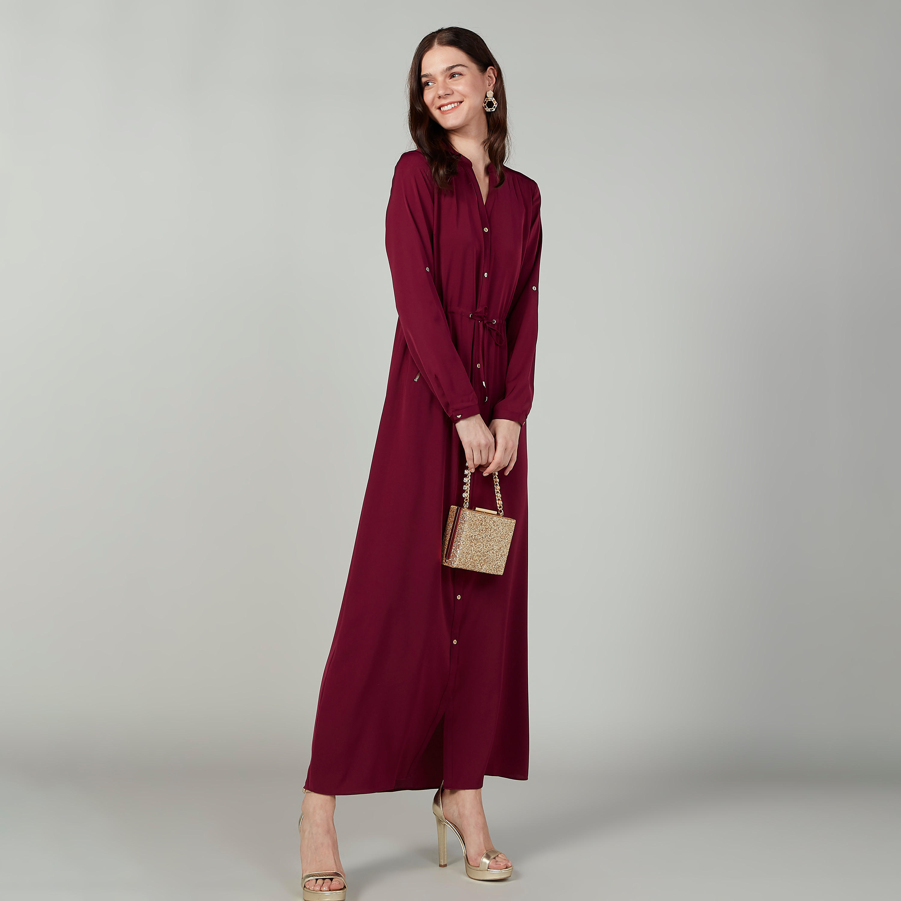 فستان قميص طويل سادة بأكمام طويلة وجيوب من آيكونيك-women-clothing-dresses-image-2