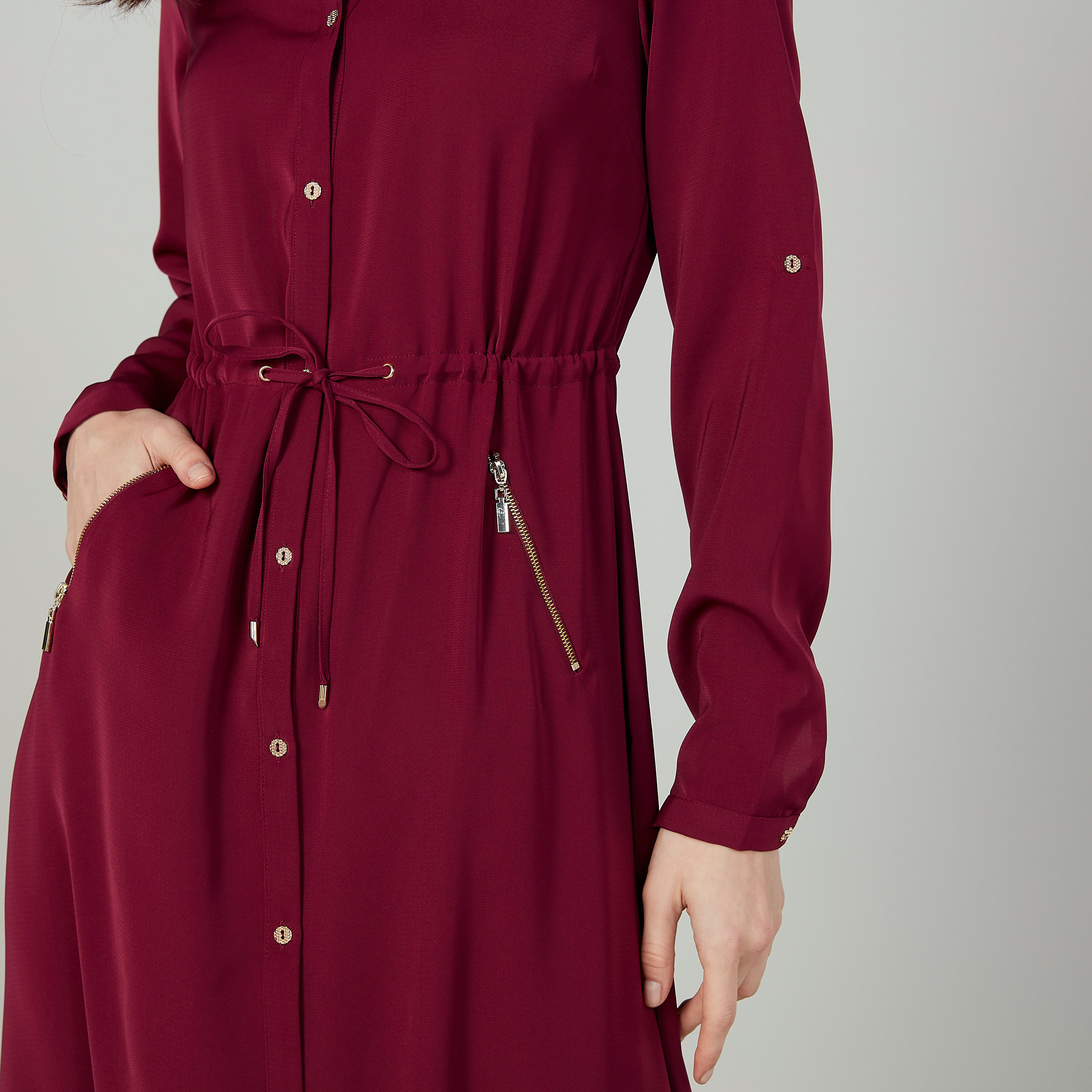 فستان قميص طويل سادة بأكمام طويلة وجيوب من آيكونيك-women-clothing-dresses-image-3
