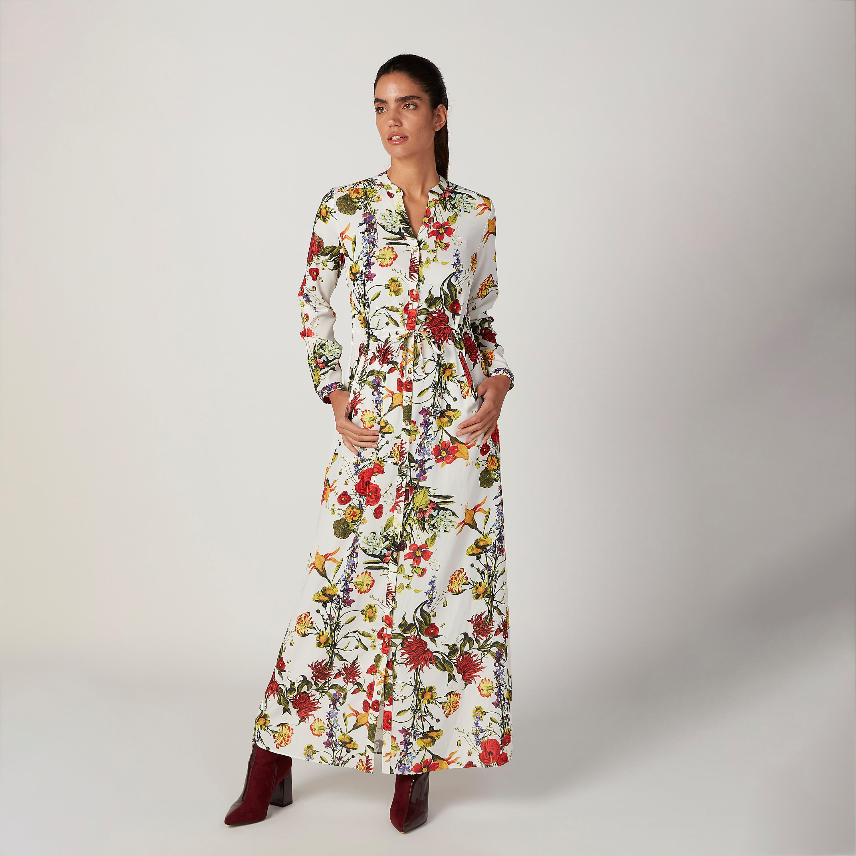 فستان قميص طويل بأكمام طويلة وأربطة وطبعات زهرية من آيكونيك-women-clothing-dresses-image-1