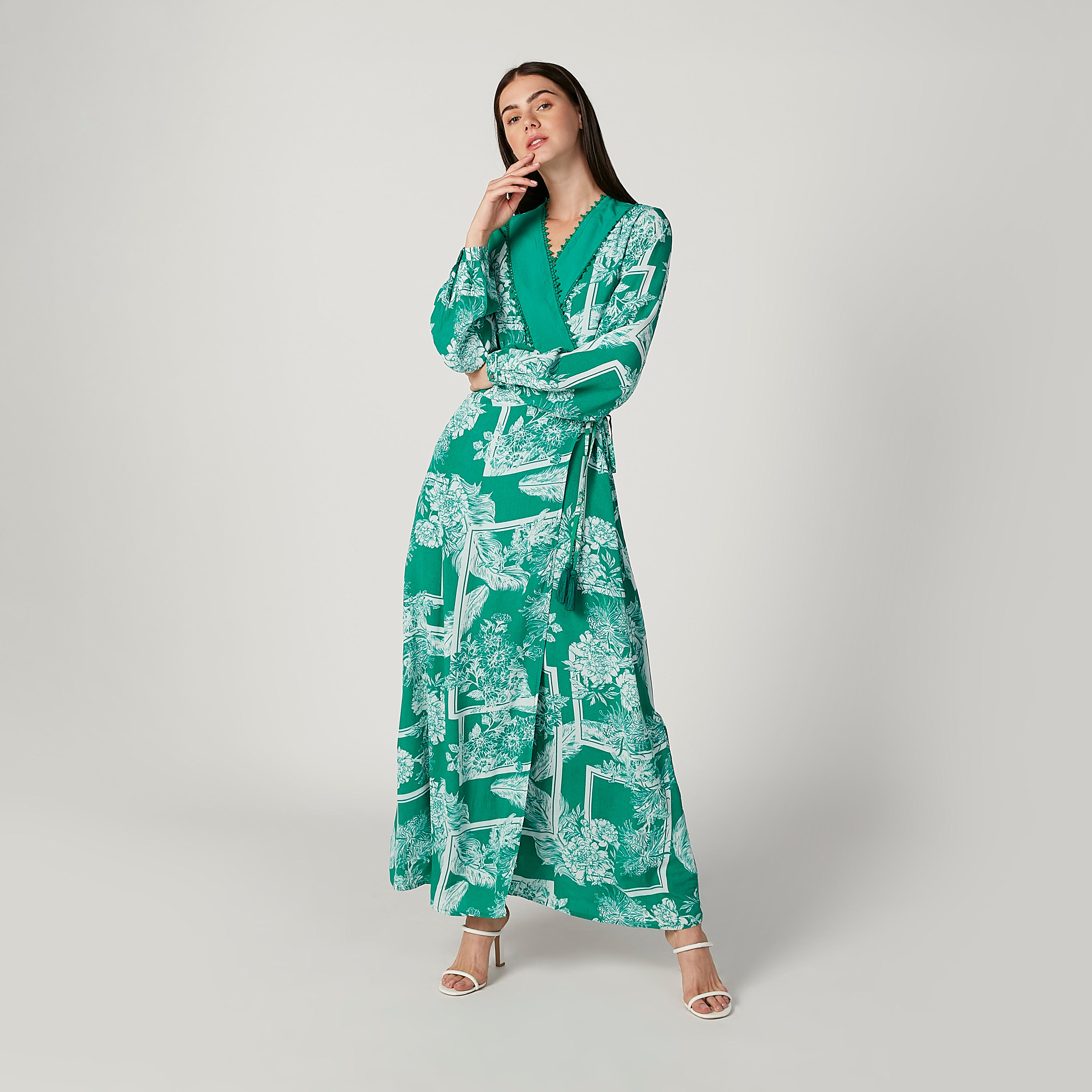 فستان طويل ايه لاين بأكمام بيشوب وأربطة وطبعات من آيكونيك-women-clothing-dresses-image-2