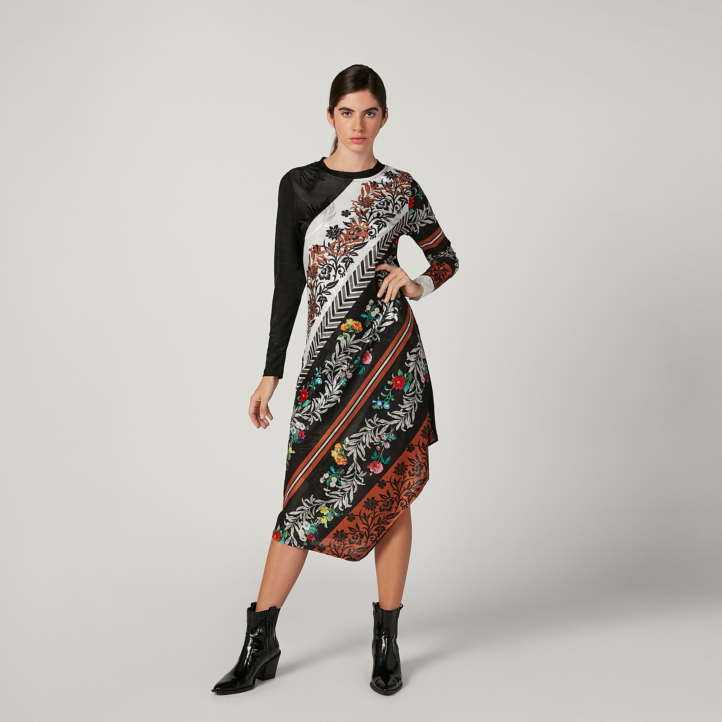 فستان ميدي زهري بأكمام طويلة وحواف غير مستوية من آيكونيك-women-clothing-dresses-image-1