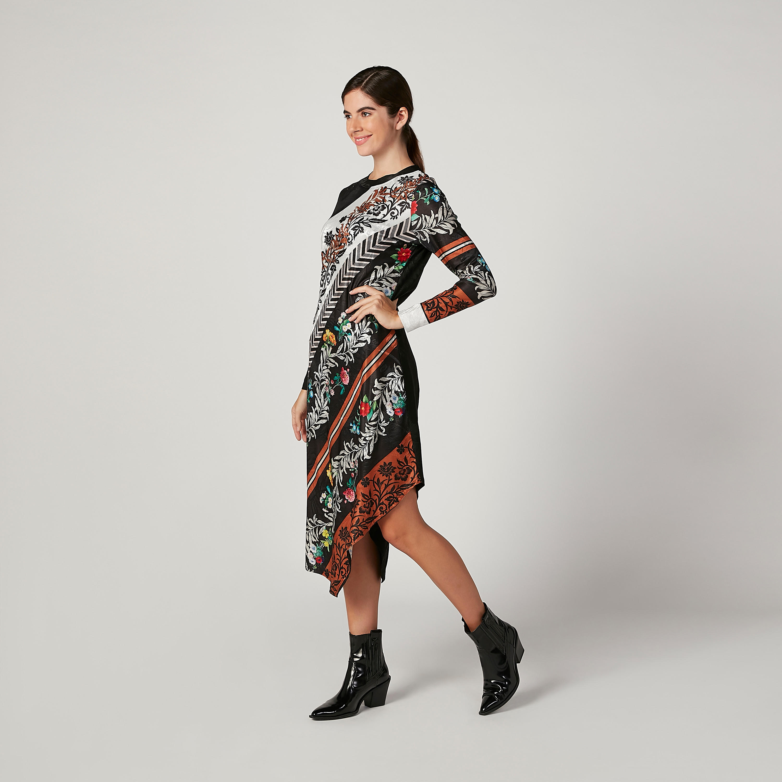 فستان ميدي زهري بأكمام طويلة وحواف غير مستوية من آيكونيك-women-clothing-dresses-image-2