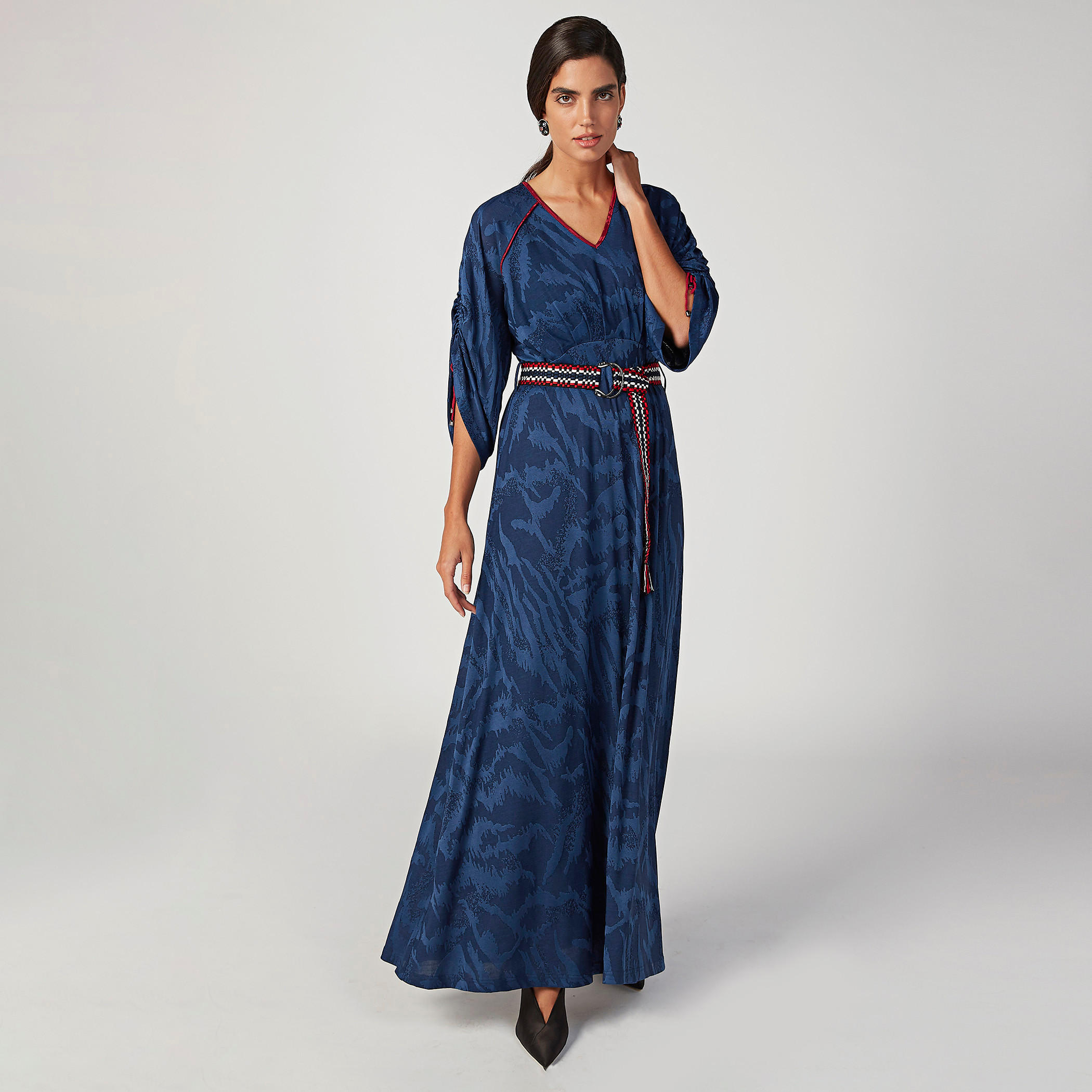 Iconic Printed Maxi A-line Dress with V-neck and 3/4 Sleeves-women-clothing-dresses-image-1