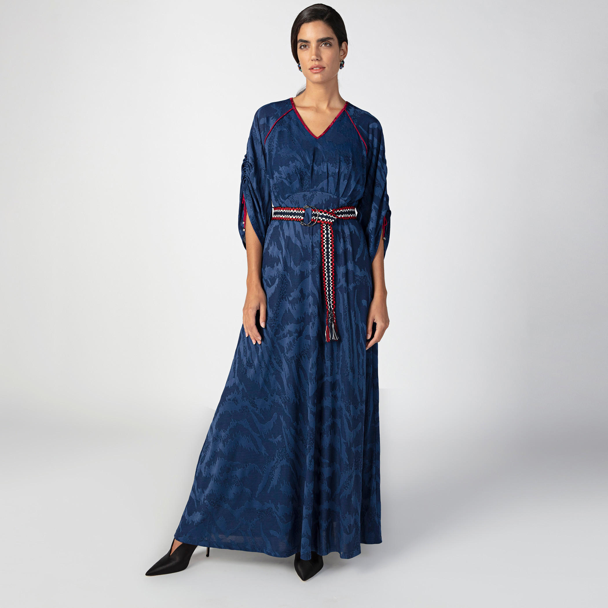 Iconic Printed Maxi A-line Dress with V-neck and 3/4 Sleeves-women-clothing-dresses-image-2