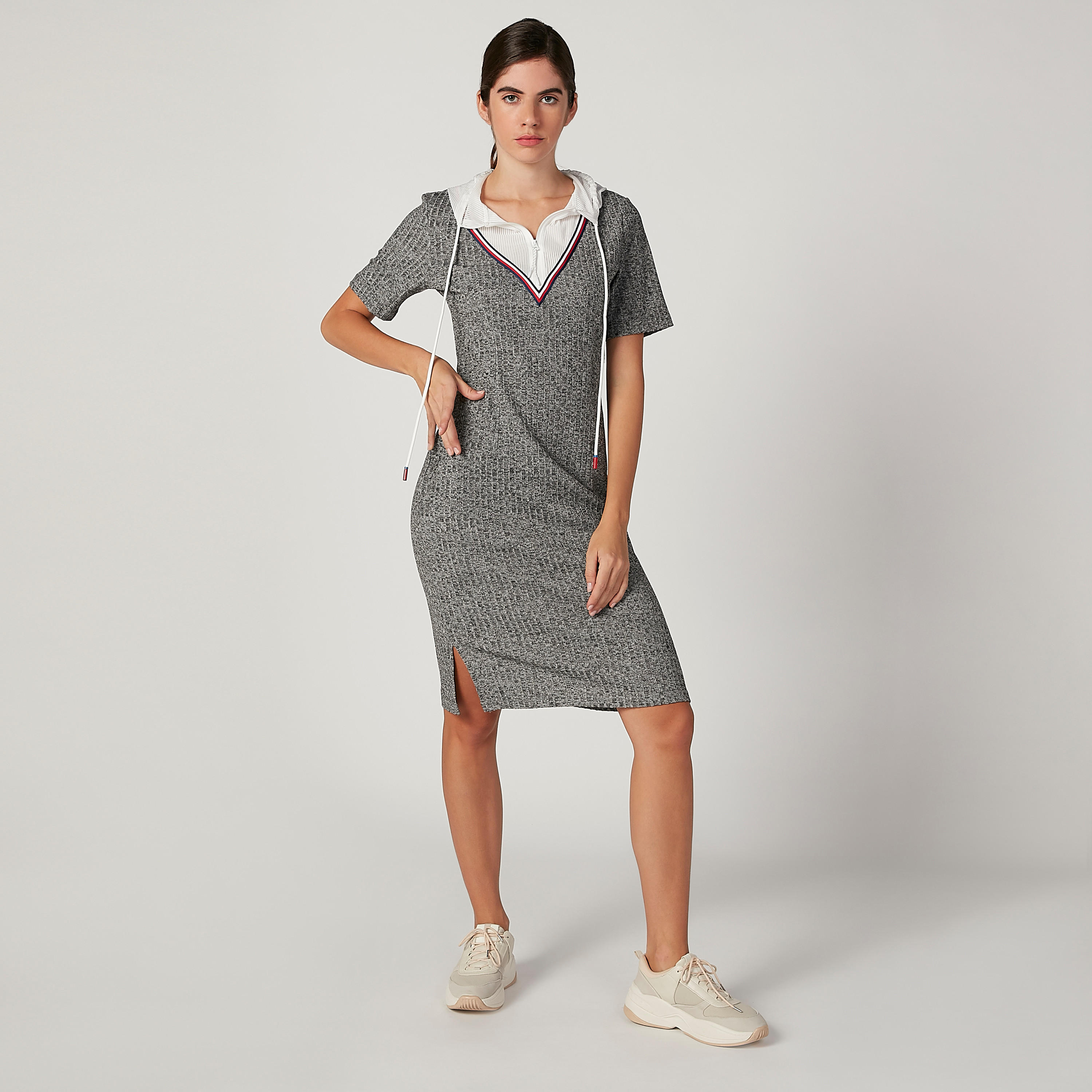 Iconic Textured Midi Shift Dress with Short Sleeves and Hood-women-clothing-dresses-image-1