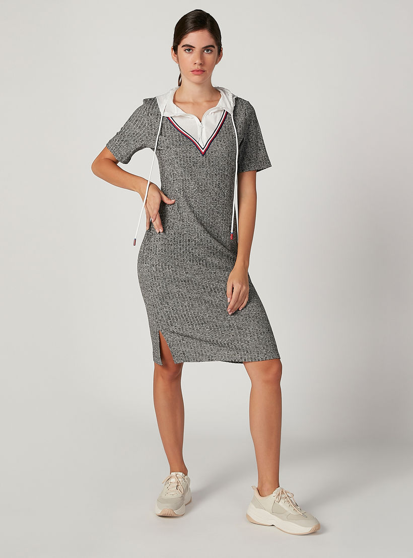 Iconic Textured Midi Shift Dress with Short Sleeves and Hood-women-clothing-dresses-image-1