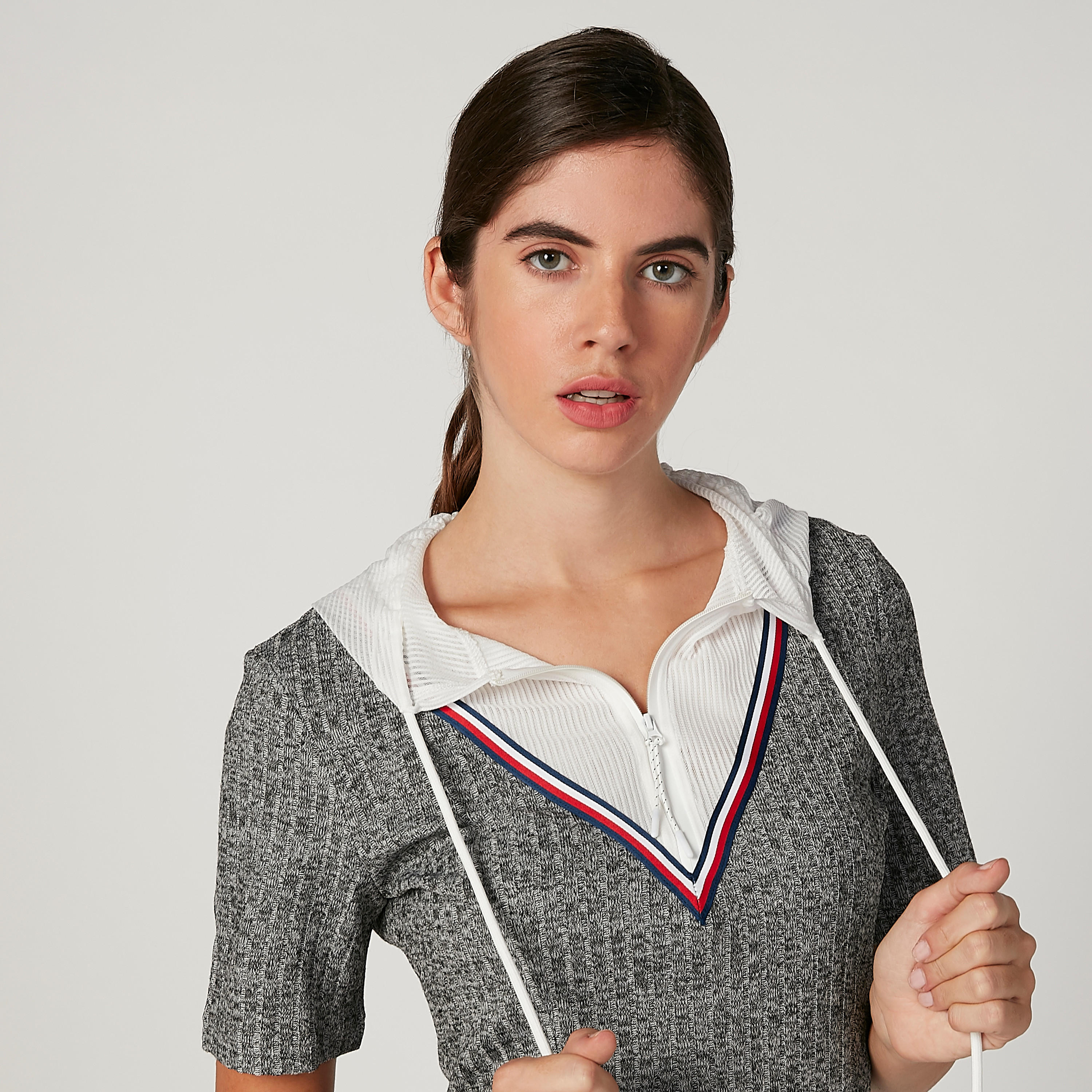 Iconic Textured Midi Shift Dress with Short Sleeves and Hood-women-clothing-dresses-image-3