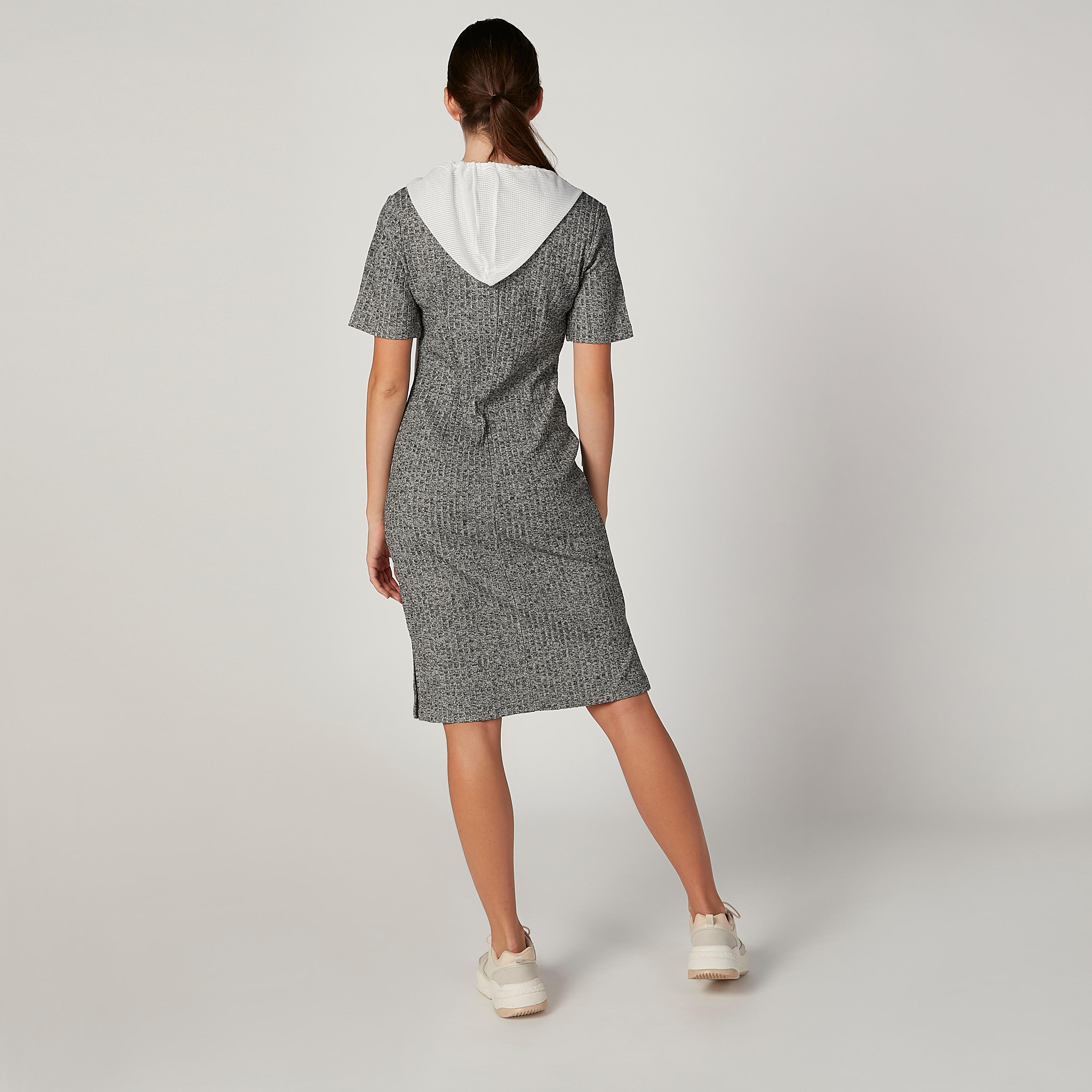 Iconic Textured Midi Shift Dress with Short Sleeves and Hood-women-clothing-dresses-image-4