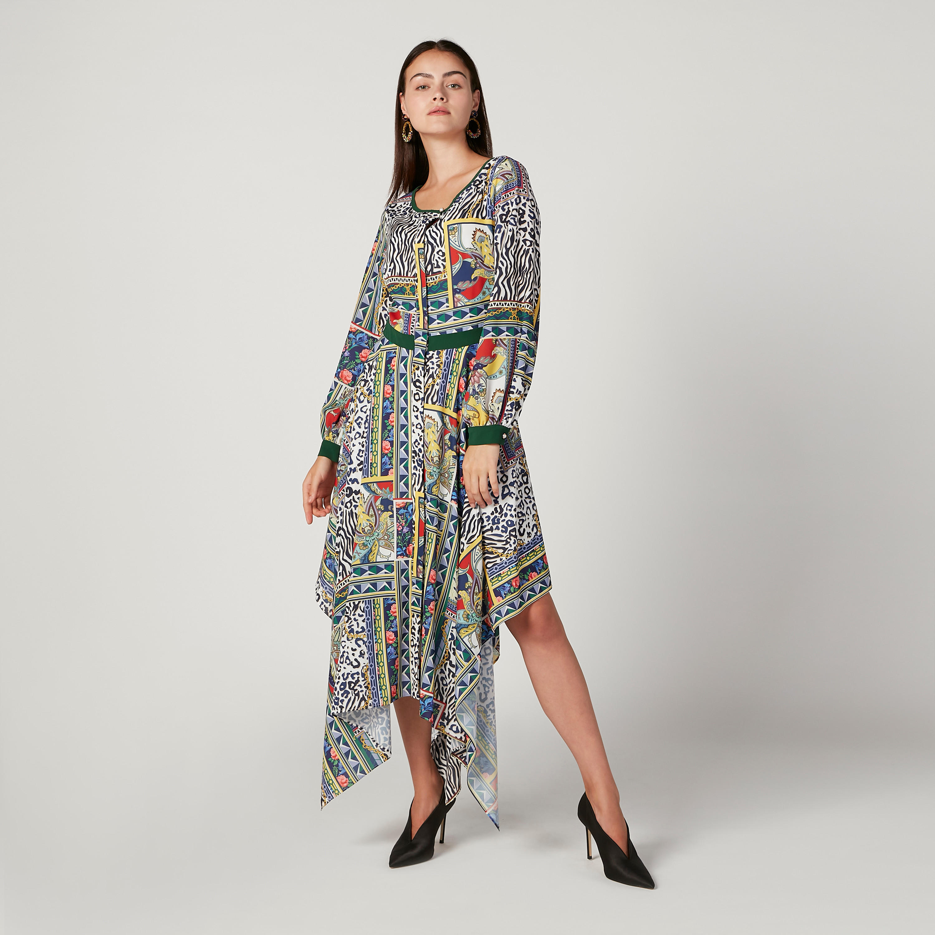 فستان طويل بأكمام طويلة وحواف غير مستوية وطبعات من آيكونيك-women-clothing-dresses-image-1