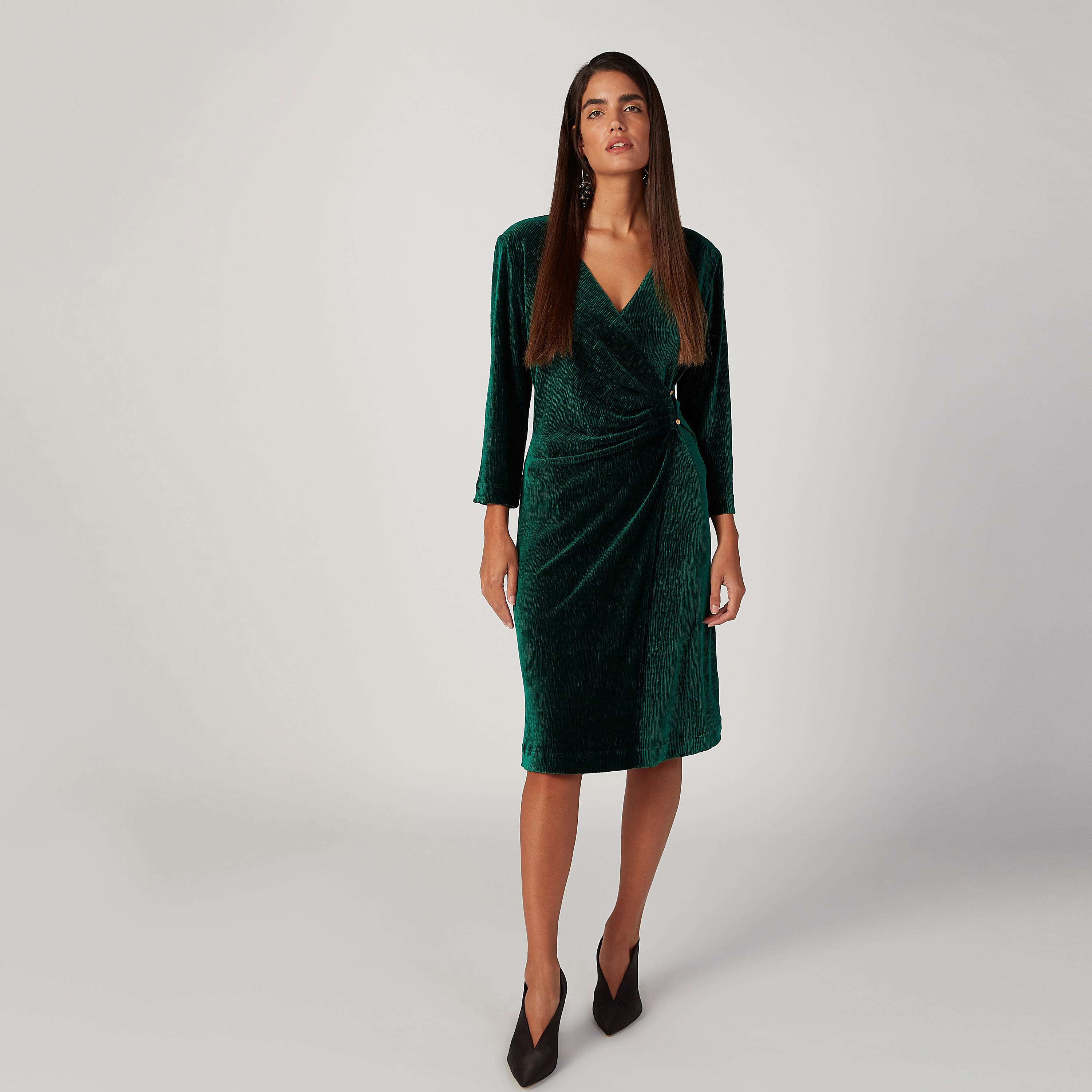 Iconic Textured Midi A-line Dress with V-neck and Long Sleeves-women-clothing-dresses-image-1