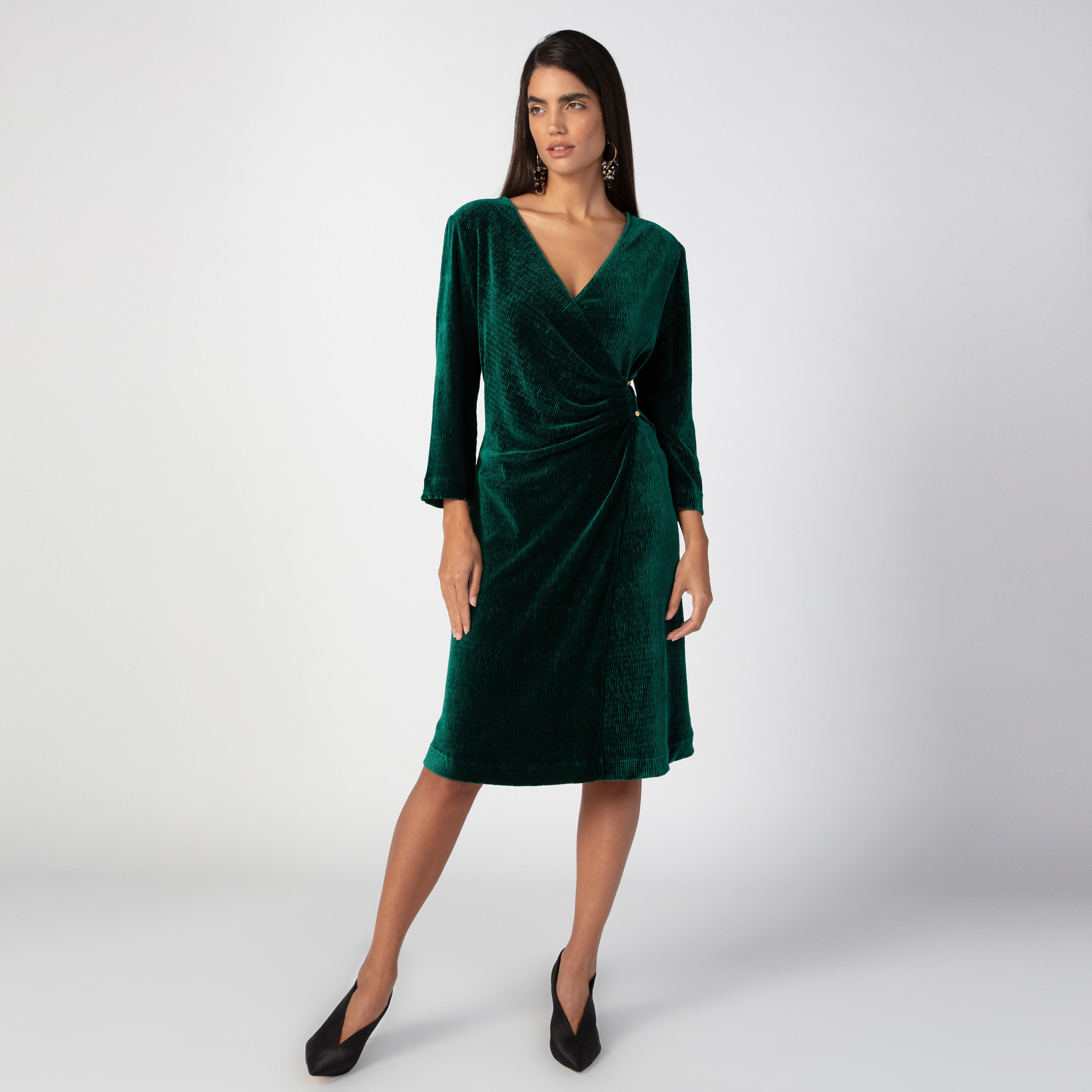 Iconic Textured Midi A-line Dress with V-neck and Long Sleeves-women-clothing-dresses-image-2