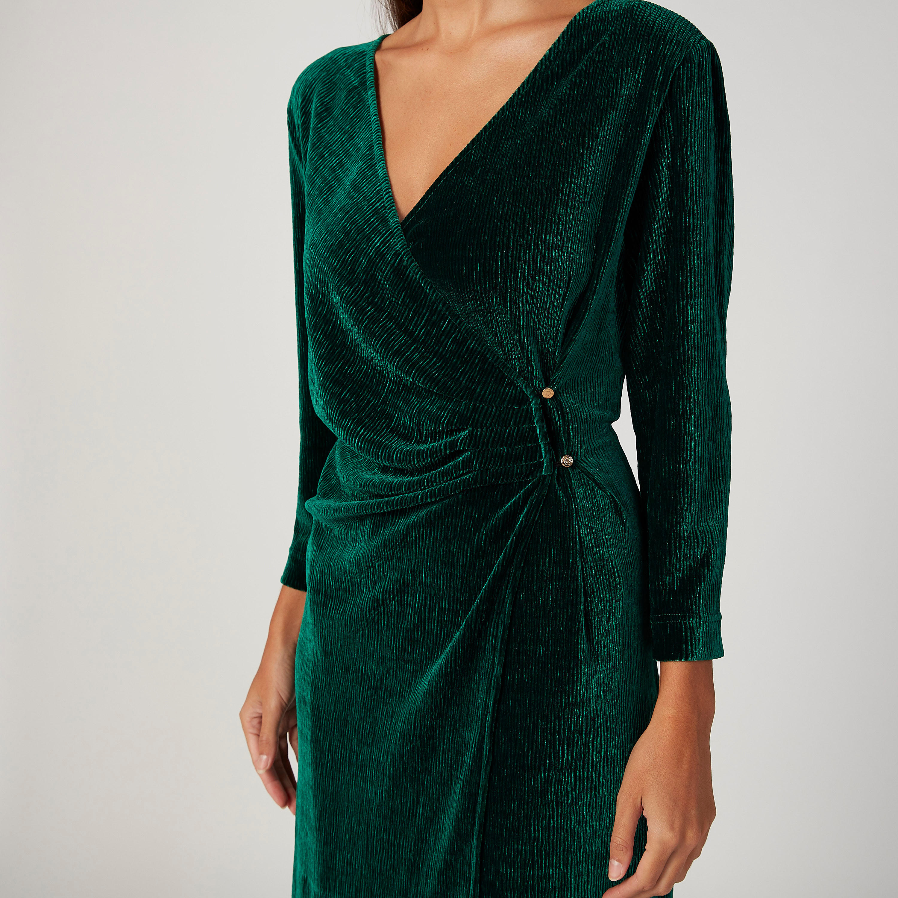 Iconic Textured Midi A-line Dress with V-neck and Long Sleeves-women-clothing-dresses-image-3