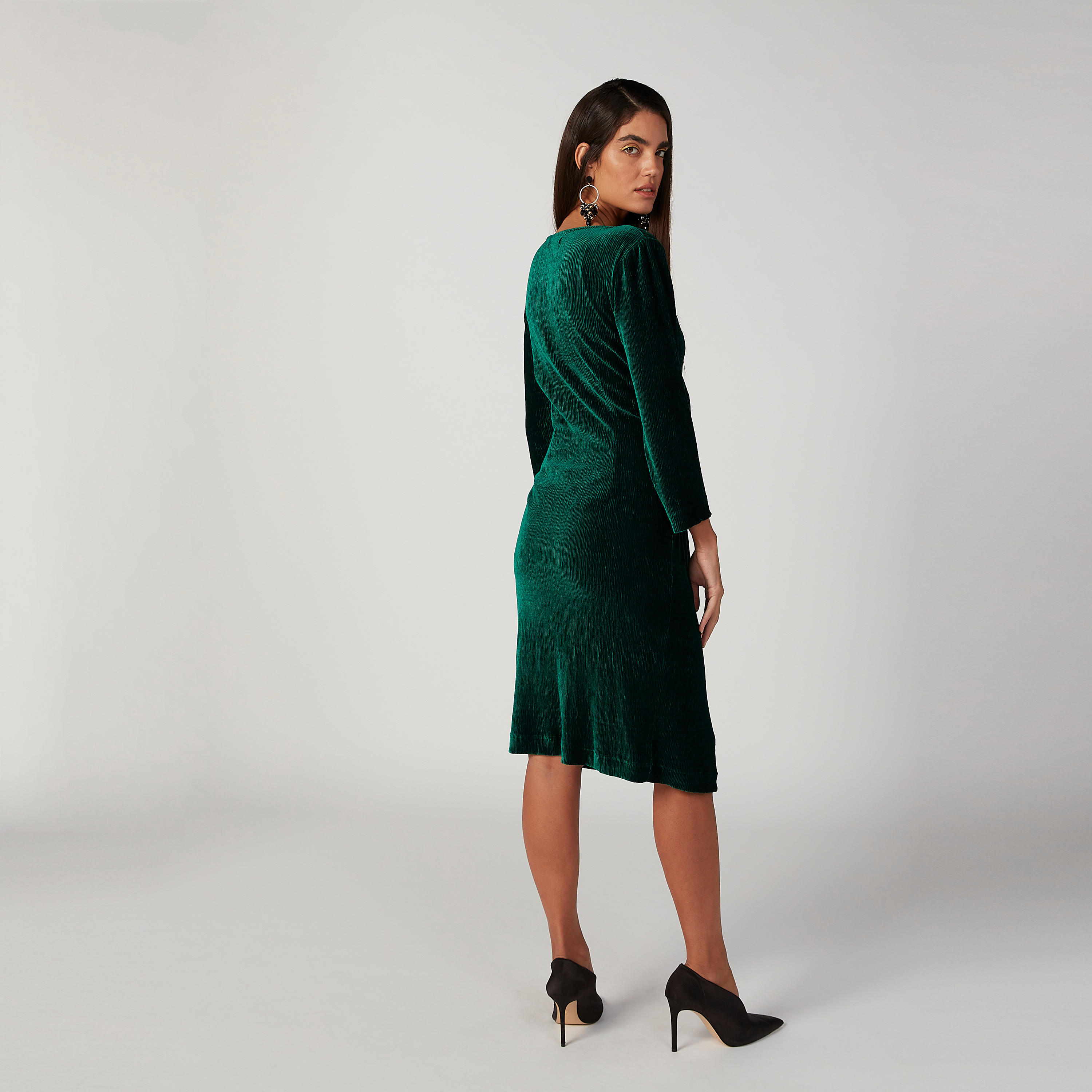 Iconic Textured Midi A-line Dress with V-neck and Long Sleeves-women-clothing-dresses-image-4