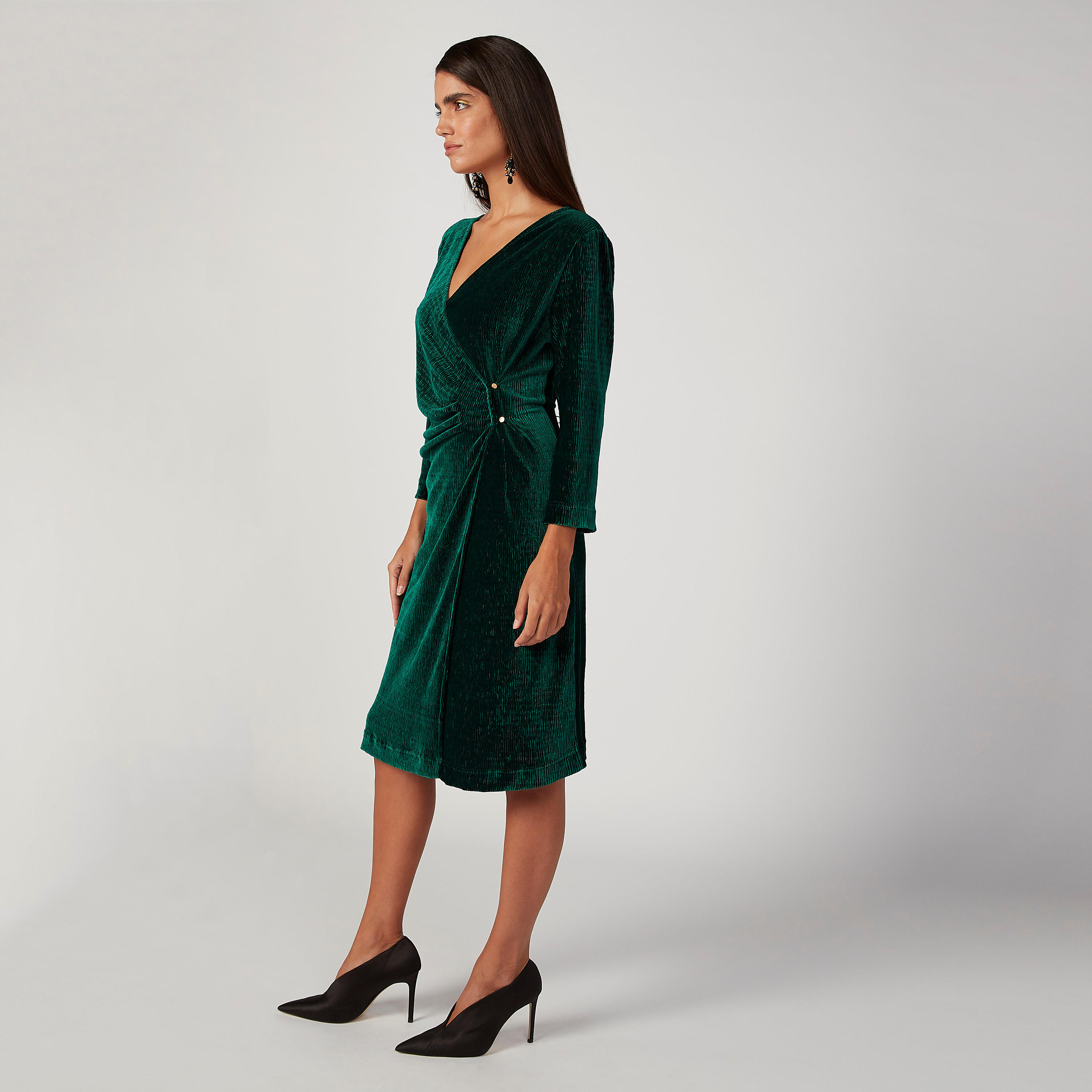 Iconic Textured Midi A-line Dress with V-neck and Long Sleeves-women-clothing-dresses-image-5