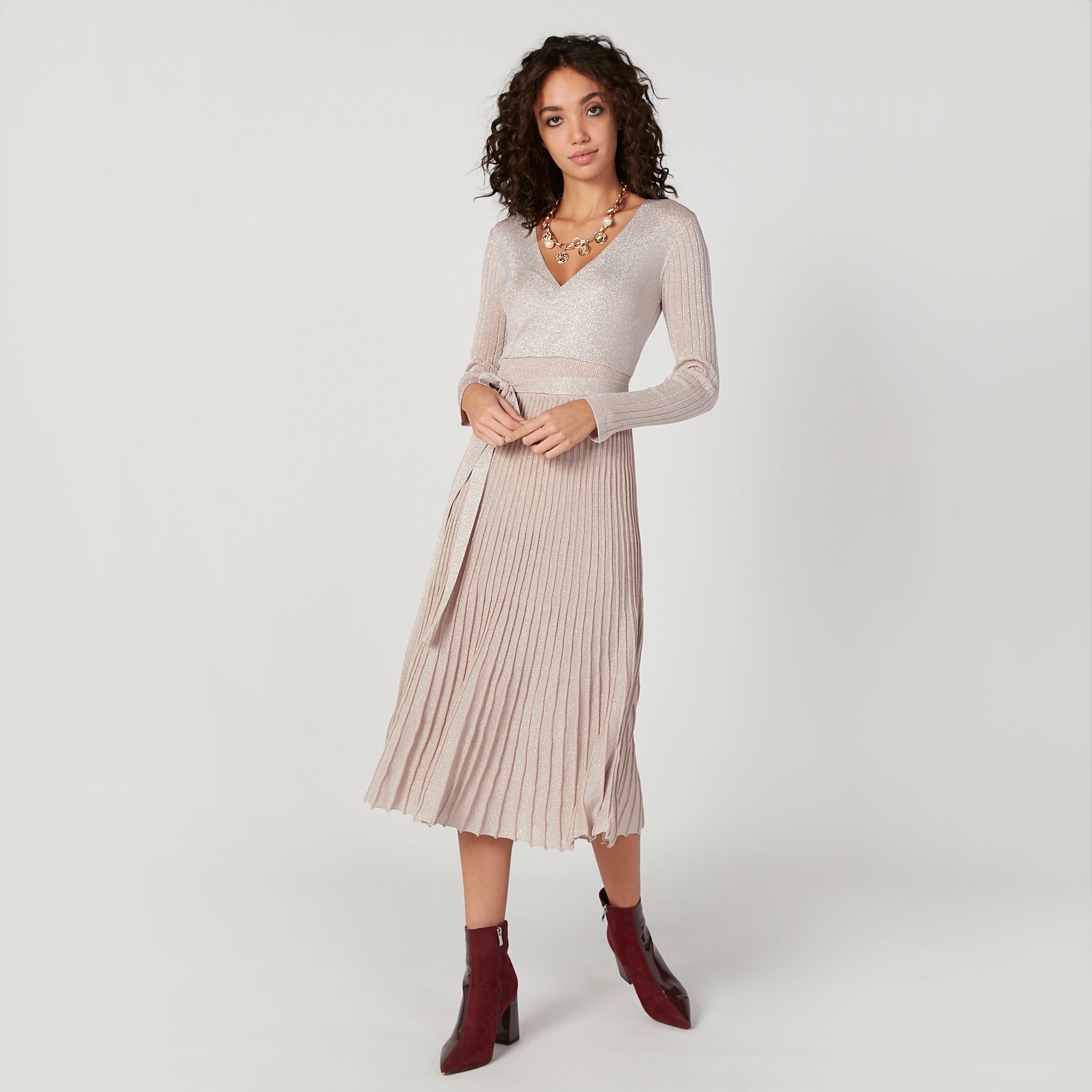 فستان ميدي إيه لاين بارز الملمس بأكمام طويلة وأربطة من آيكونيك-women-clothing-dresses-image-5