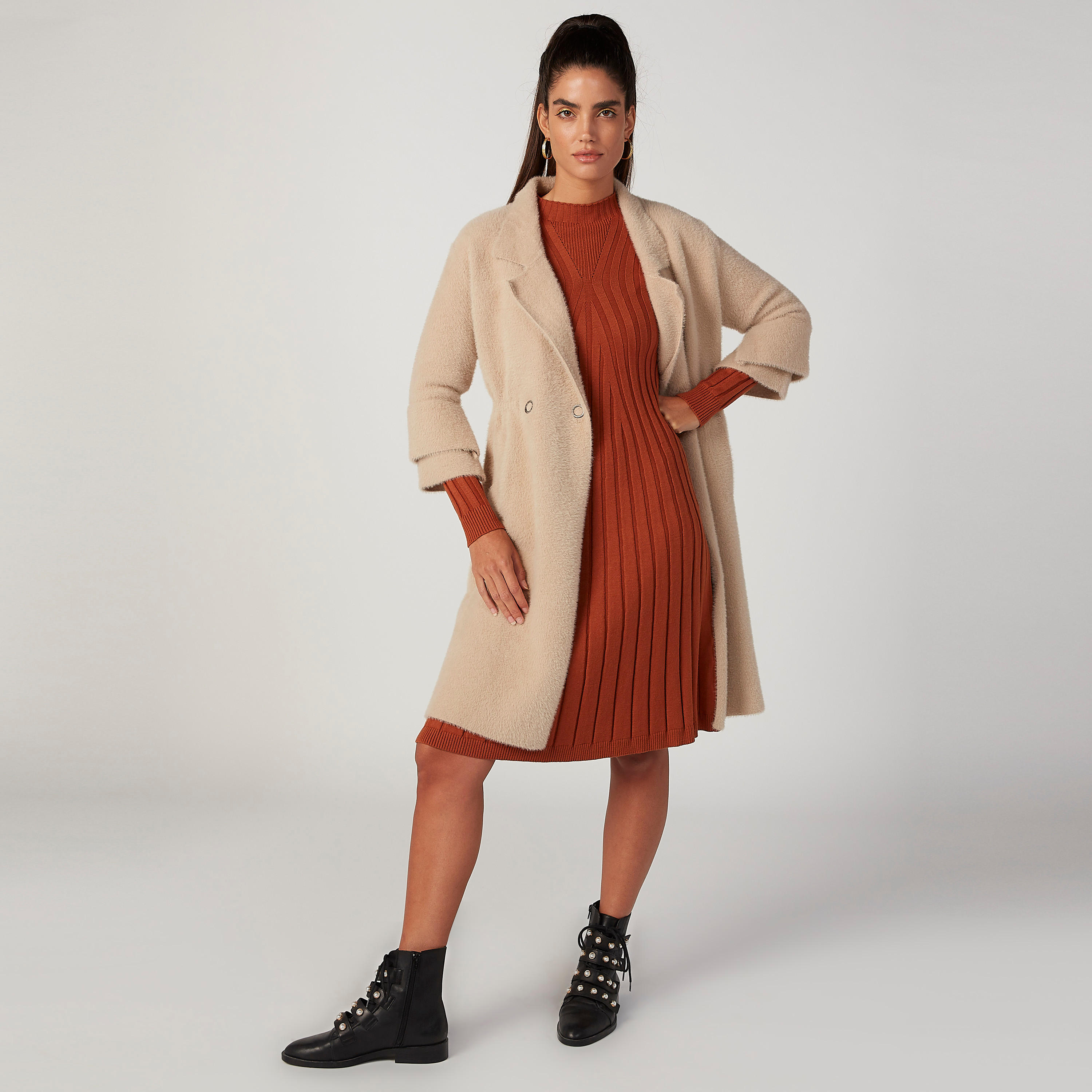 فستان ميدي إيه لاين بارز الملمس بياقة عالية وأكمام طويلة من آيكونيك-women-clothing-dresses-image-2