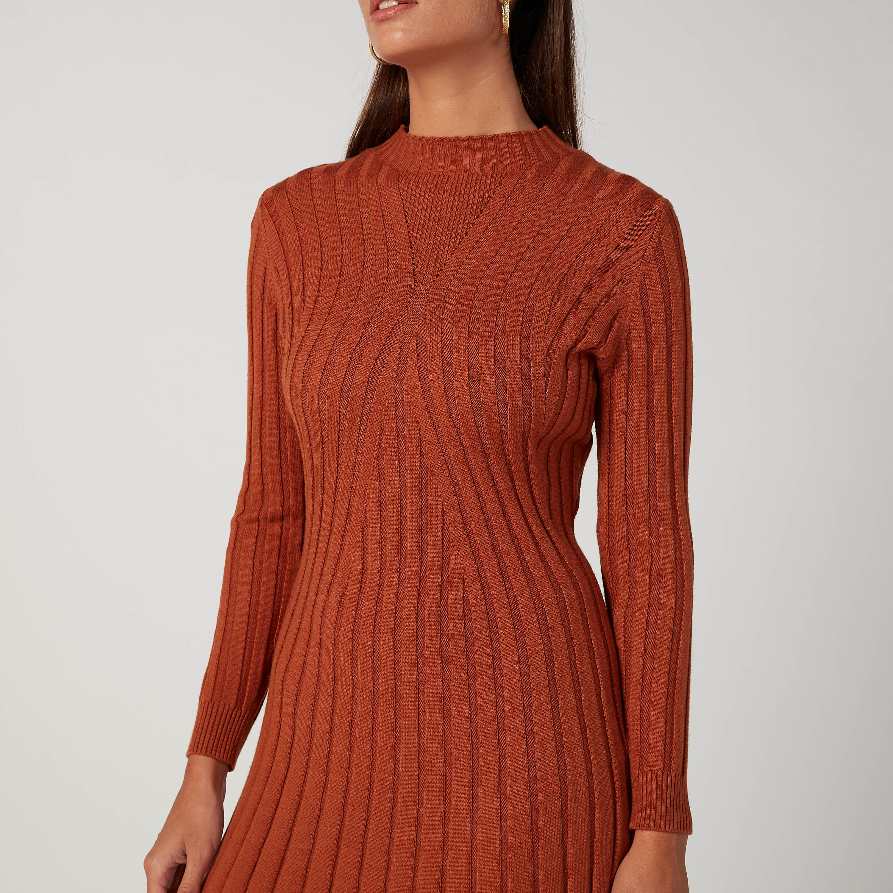 فستان ميدي إيه لاين بارز الملمس بياقة عالية وأكمام طويلة من آيكونيك-women-clothing-dresses-image-3