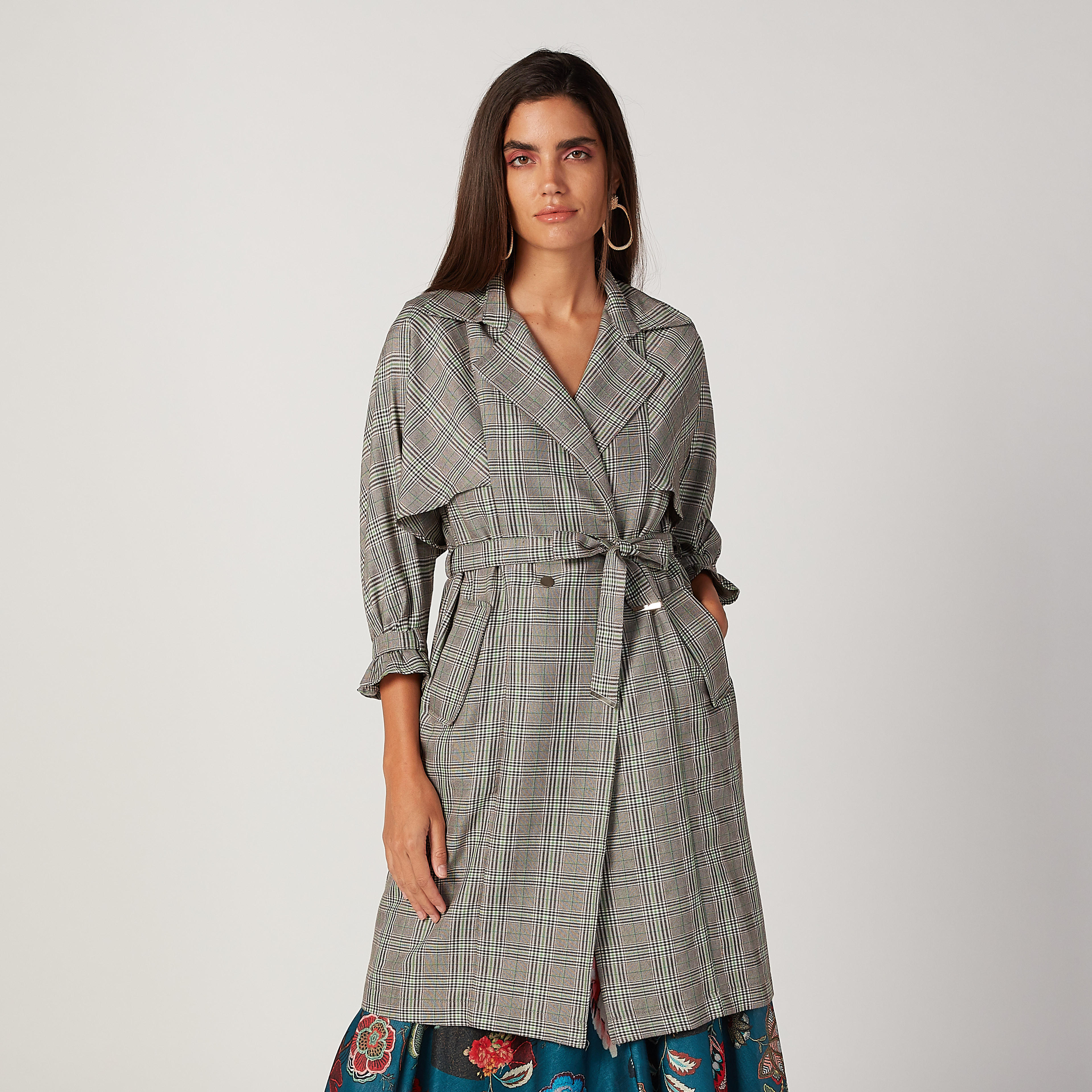 معطف مربعات بأكمام طويلة وعقدة أمامية من آيكونيك-women-clothing-coatsandjackets-coats-image-1