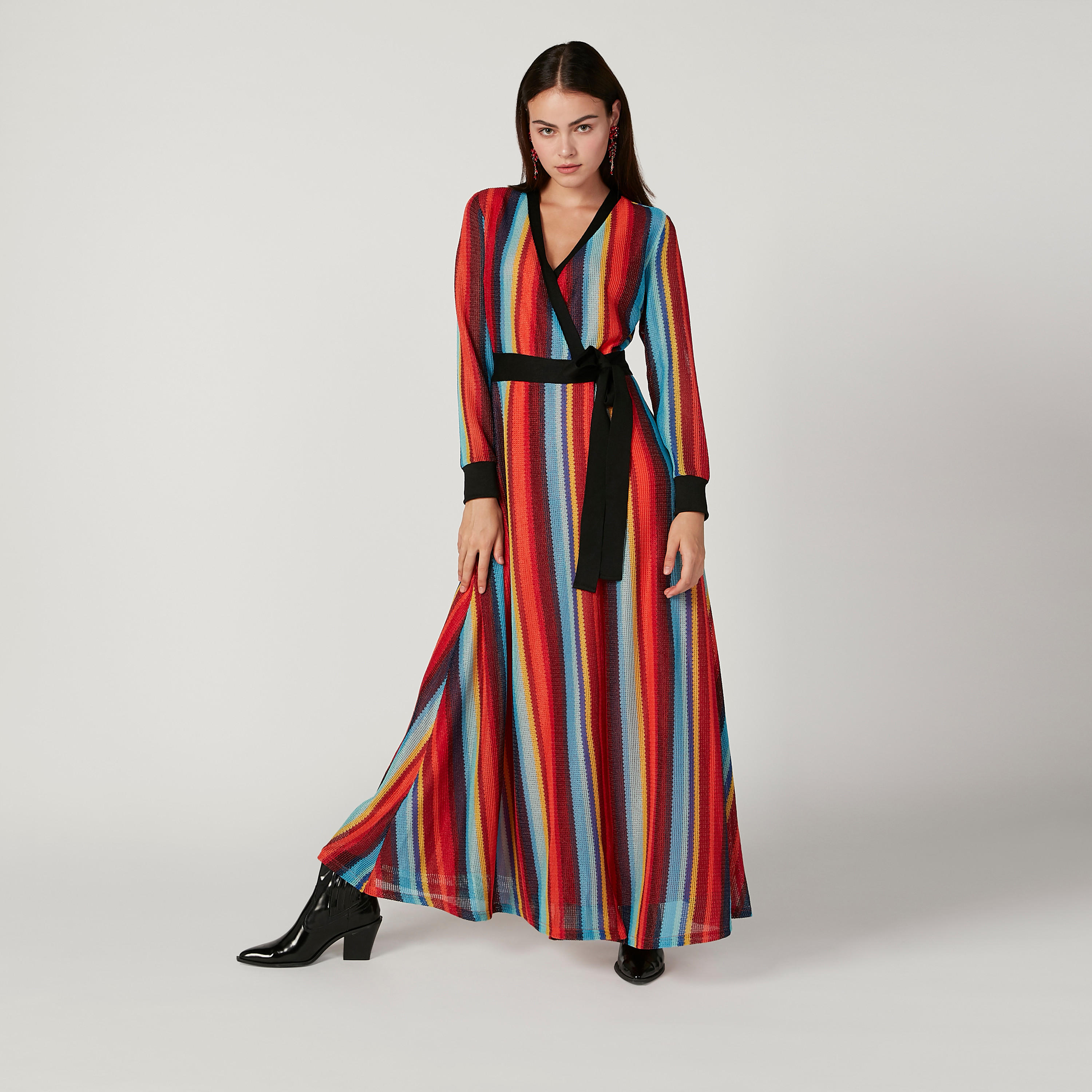 فستان طويل إيه لاين مخطط بأكمام طويلة وأربطة من آيكونيك-women-clothing-dresses-image-1