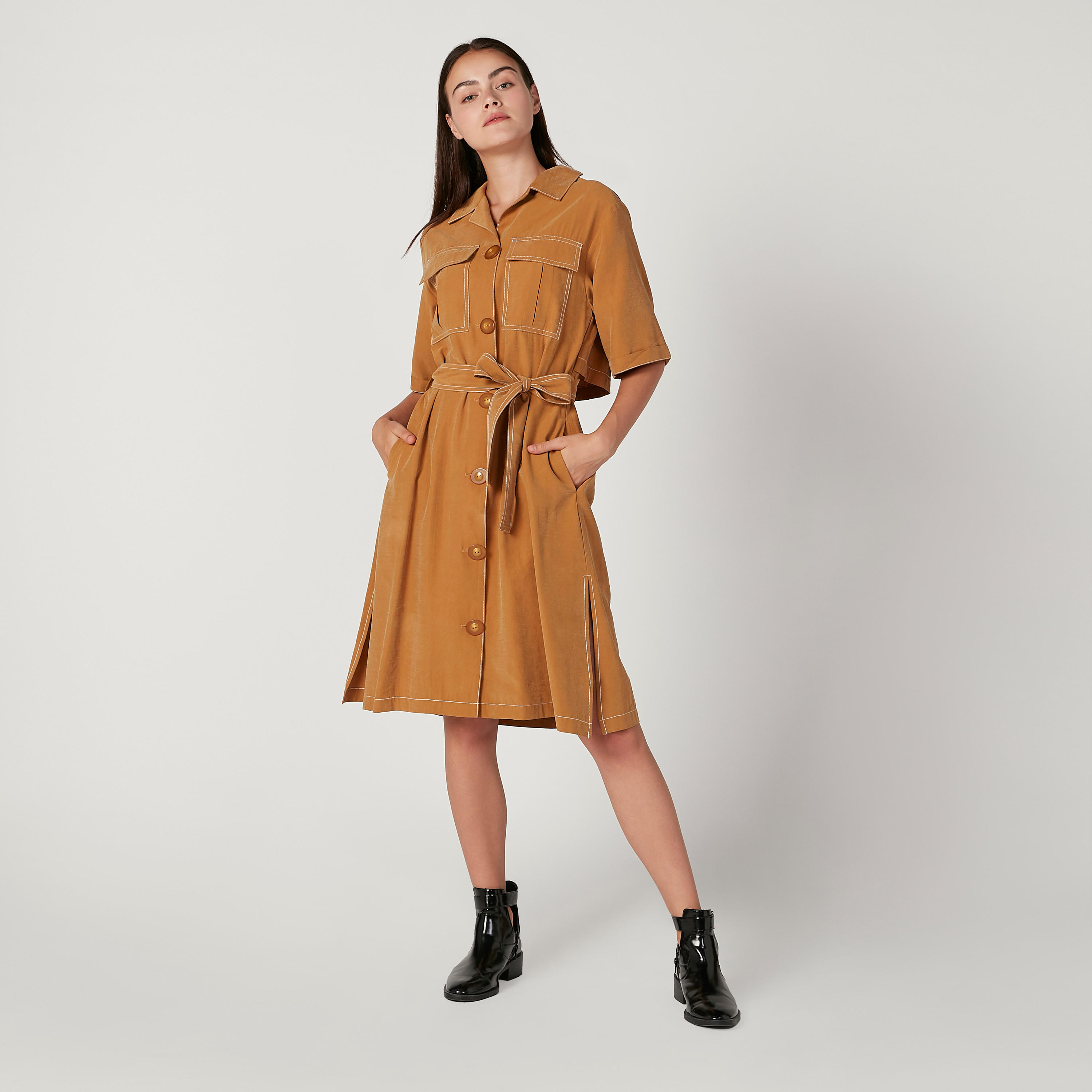 فستان ميدي إيه لاين بارز الملمس بأكمام طويلة وأربطة من آيكونيك-women-clothing-dresses-image-1