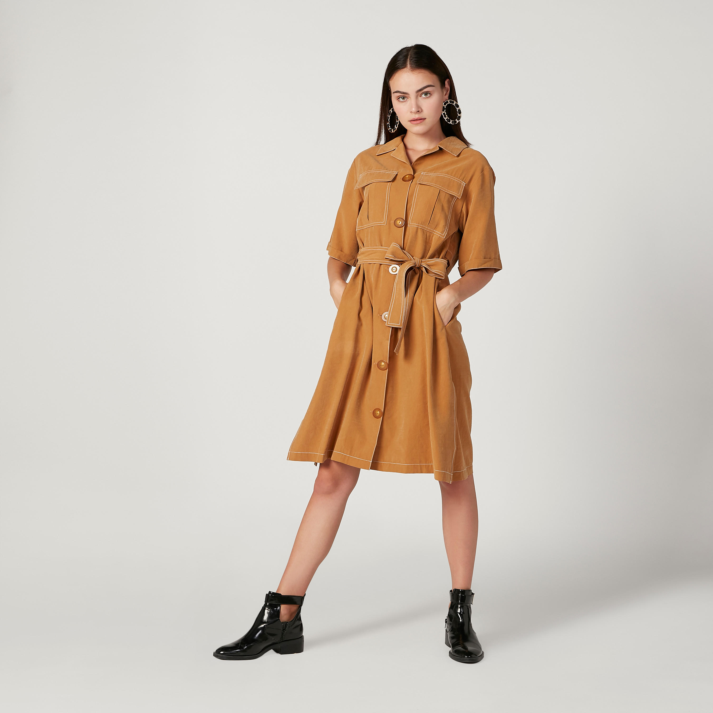 فستان ميدي إيه لاين بارز الملمس بأكمام طويلة وأربطة من آيكونيك-women-clothing-dresses-image-2