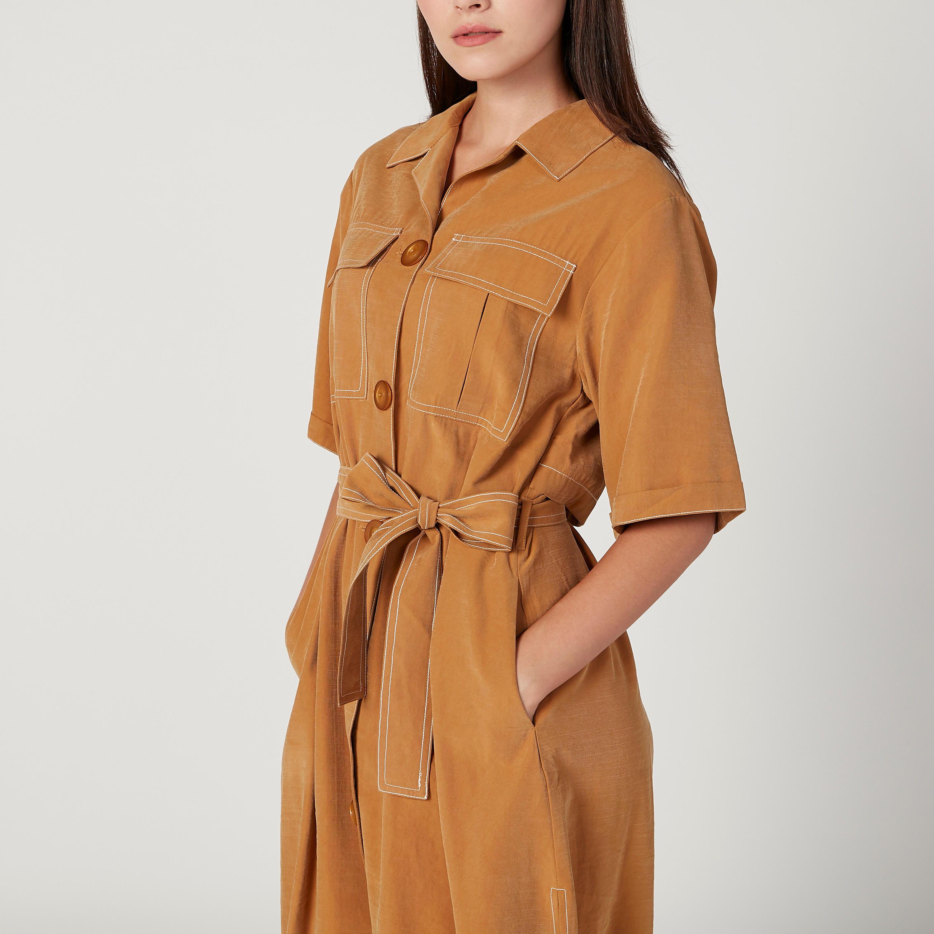 فستان ميدي إيه لاين بارز الملمس بأكمام طويلة وأربطة من آيكونيك-women-clothing-dresses-image-3