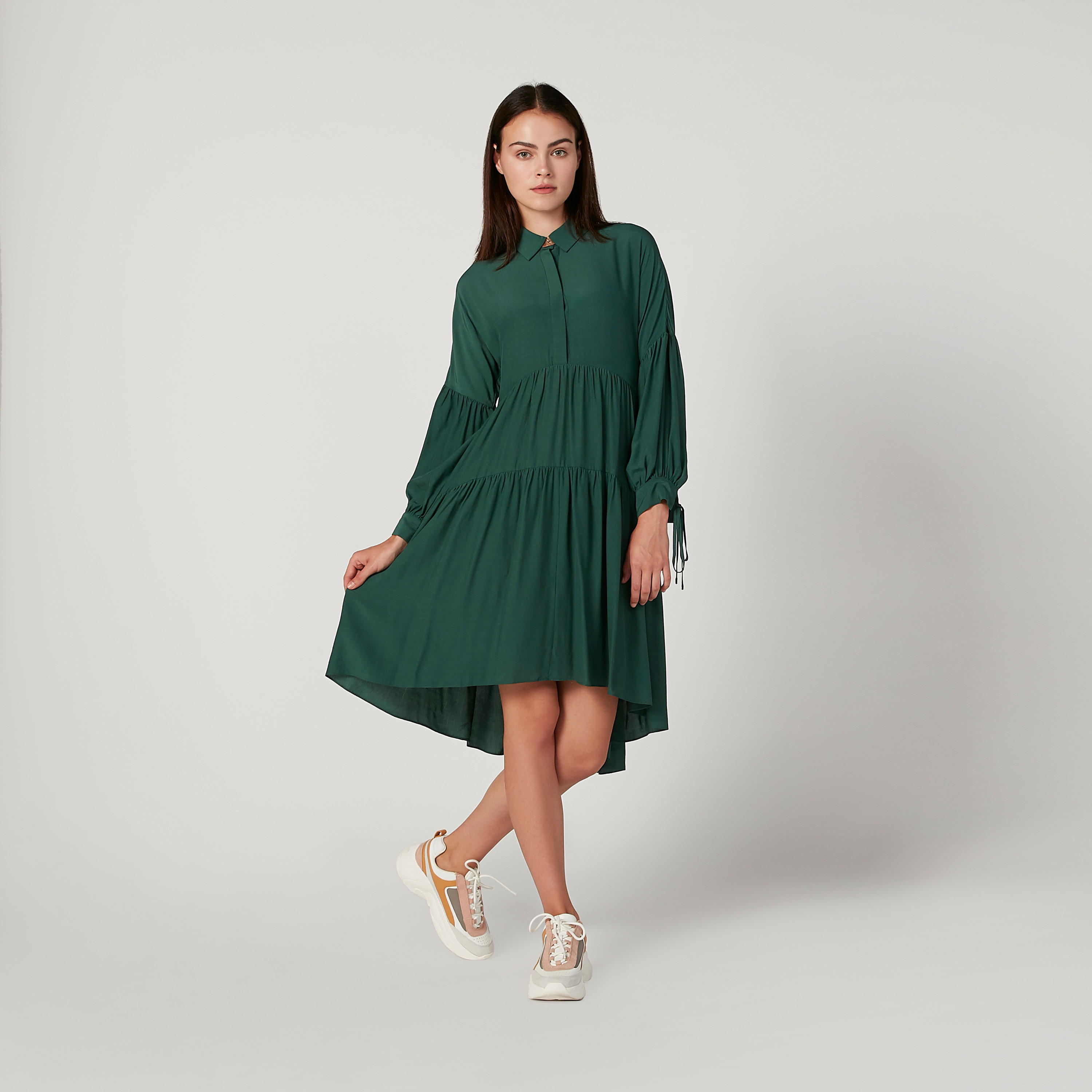 فستان ميدي إيه لاين سادة بأكمام قصيرة وحزام من آيكونيك-women-clothing-dresses-image-1