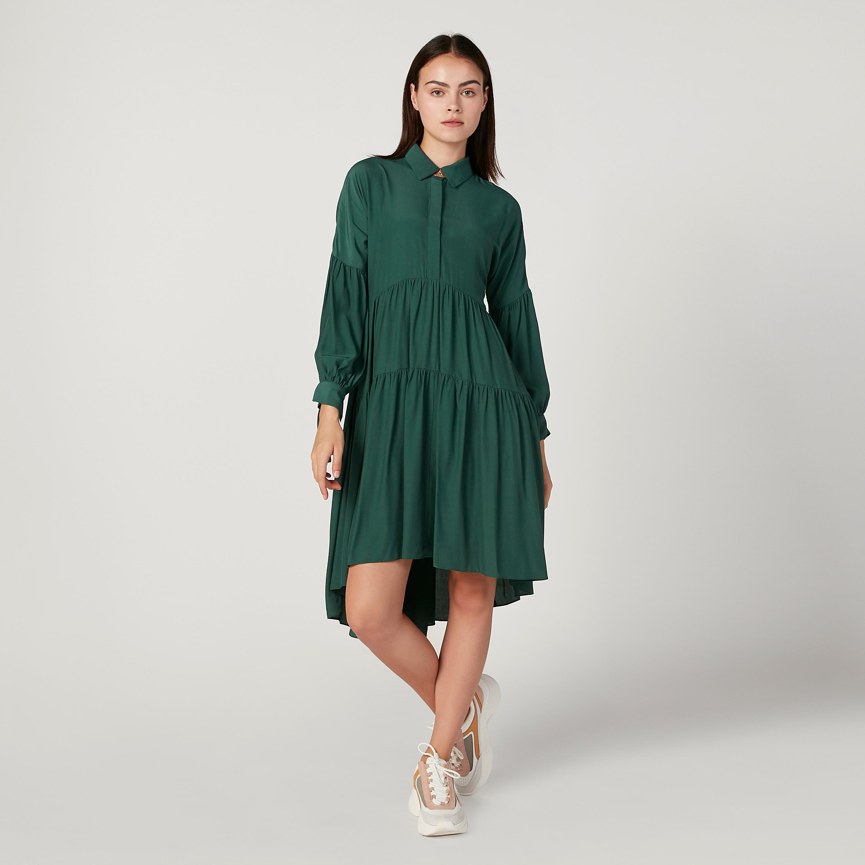 فستان ميدي إيه لاين سادة بأكمام قصيرة وحزام من آيكونيك-women-clothing-dresses-image-2