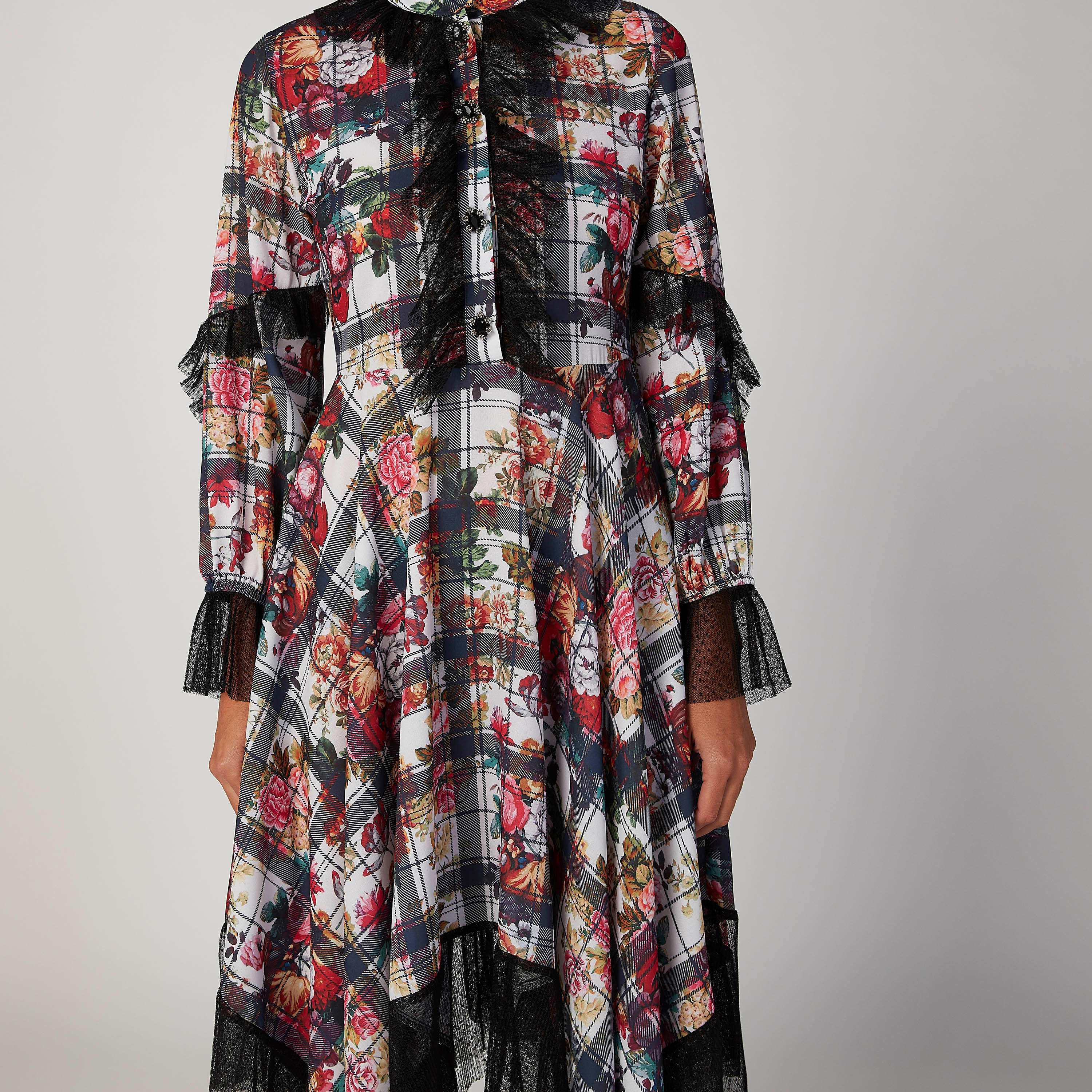 فستان طويل بتفاصيل دانتيل وحواف غير مستوية وطبعات من آيكونيك-women-clothing-dresses-image-3