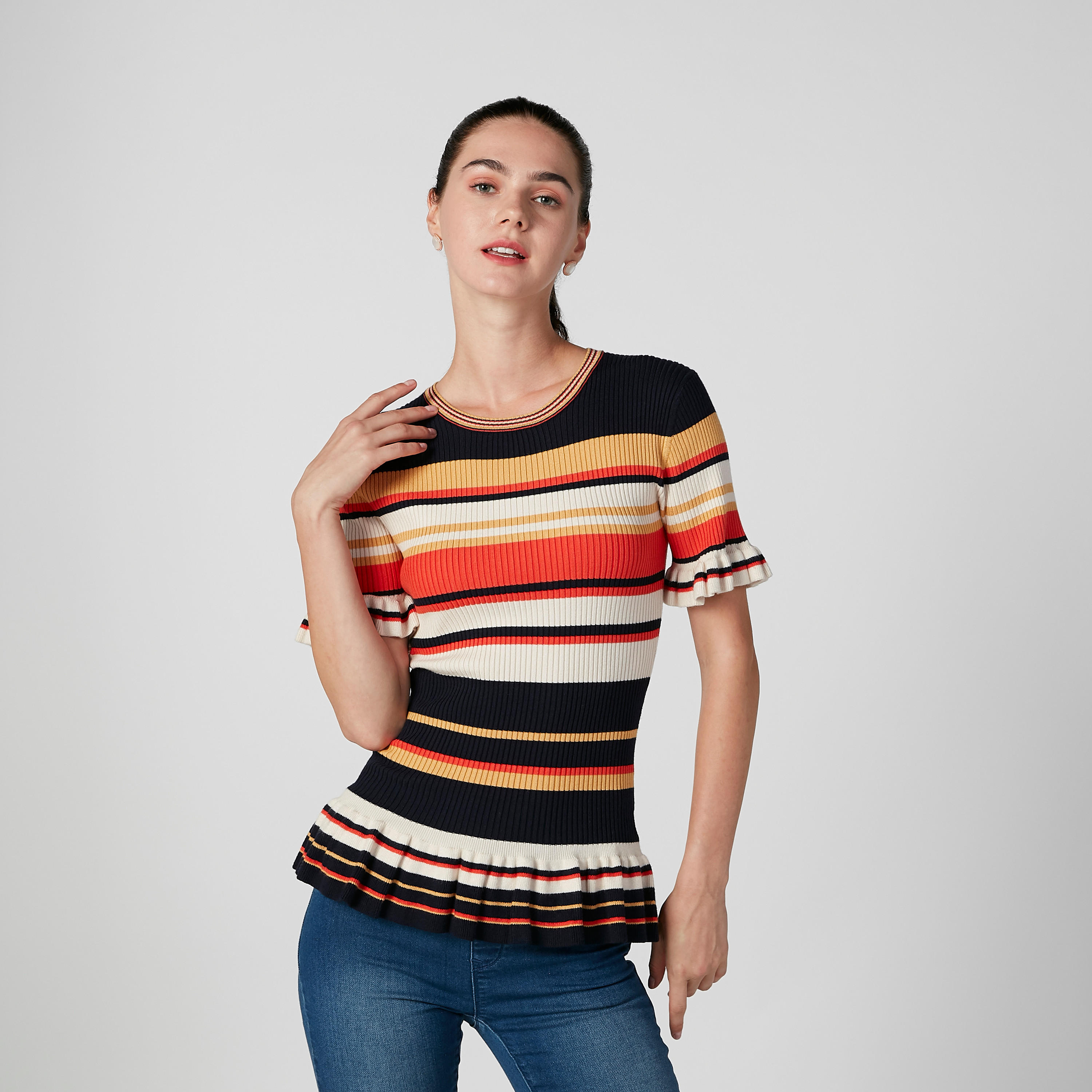 بلوزة سليم مقلّمة بأكمام قصيرة بتفاصيل كشكش من آيكونيك-women-clothing-tshirts-image-1