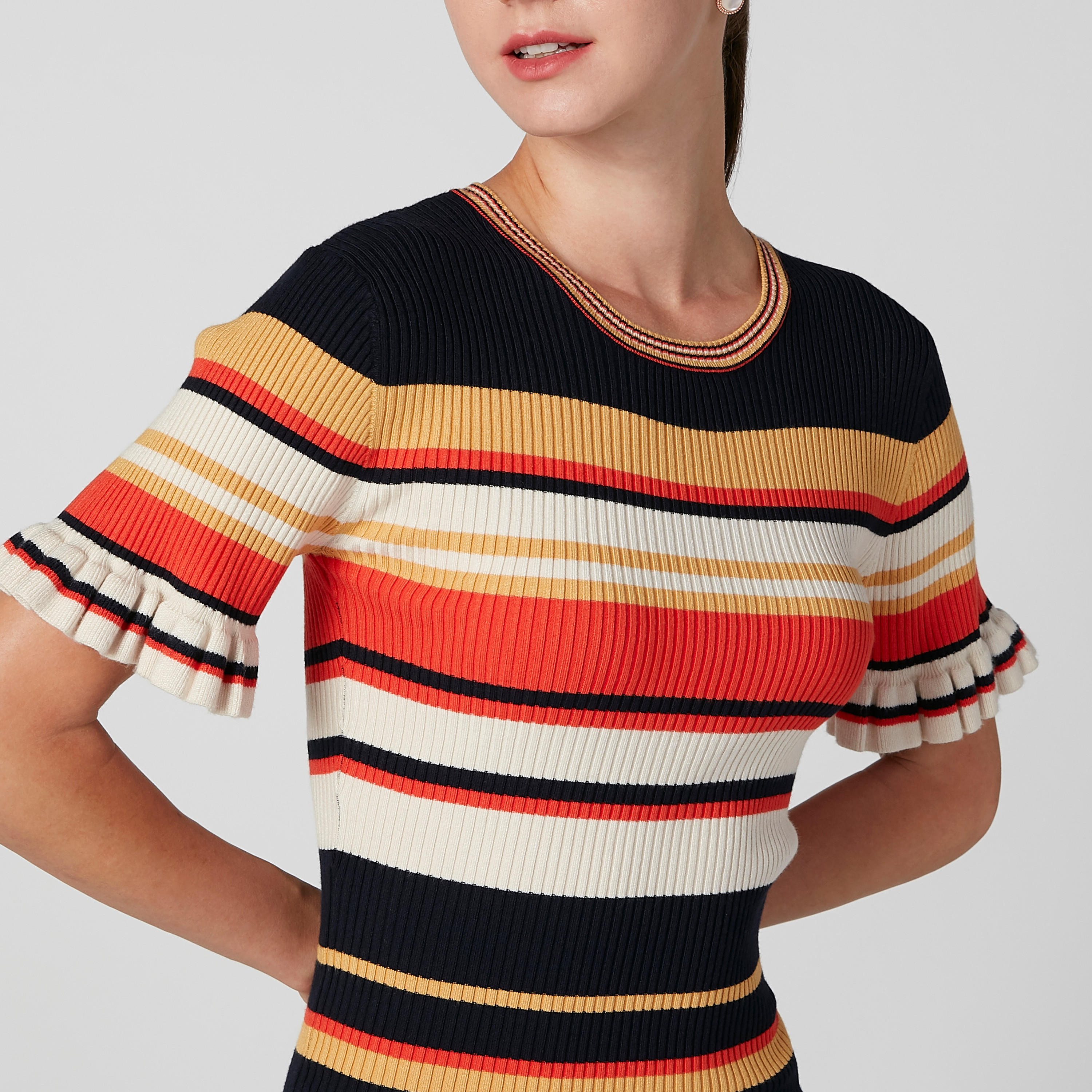 بلوزة سليم مقلّمة بأكمام قصيرة بتفاصيل كشكش من آيكونيك-women-clothing-tshirts-image-3