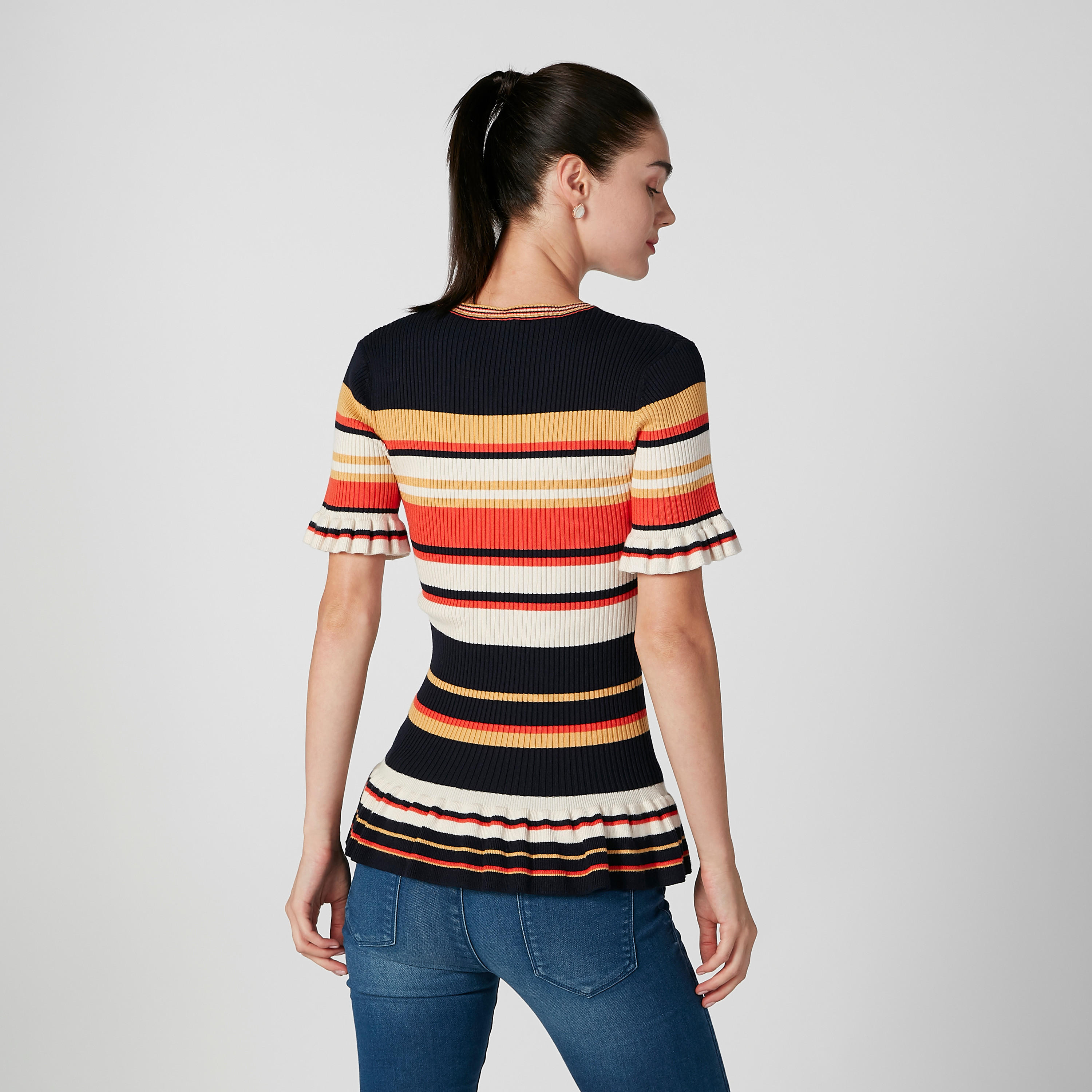 بلوزة سليم مقلّمة بأكمام قصيرة بتفاصيل كشكش من آيكونيك-women-clothing-tshirts-image-4