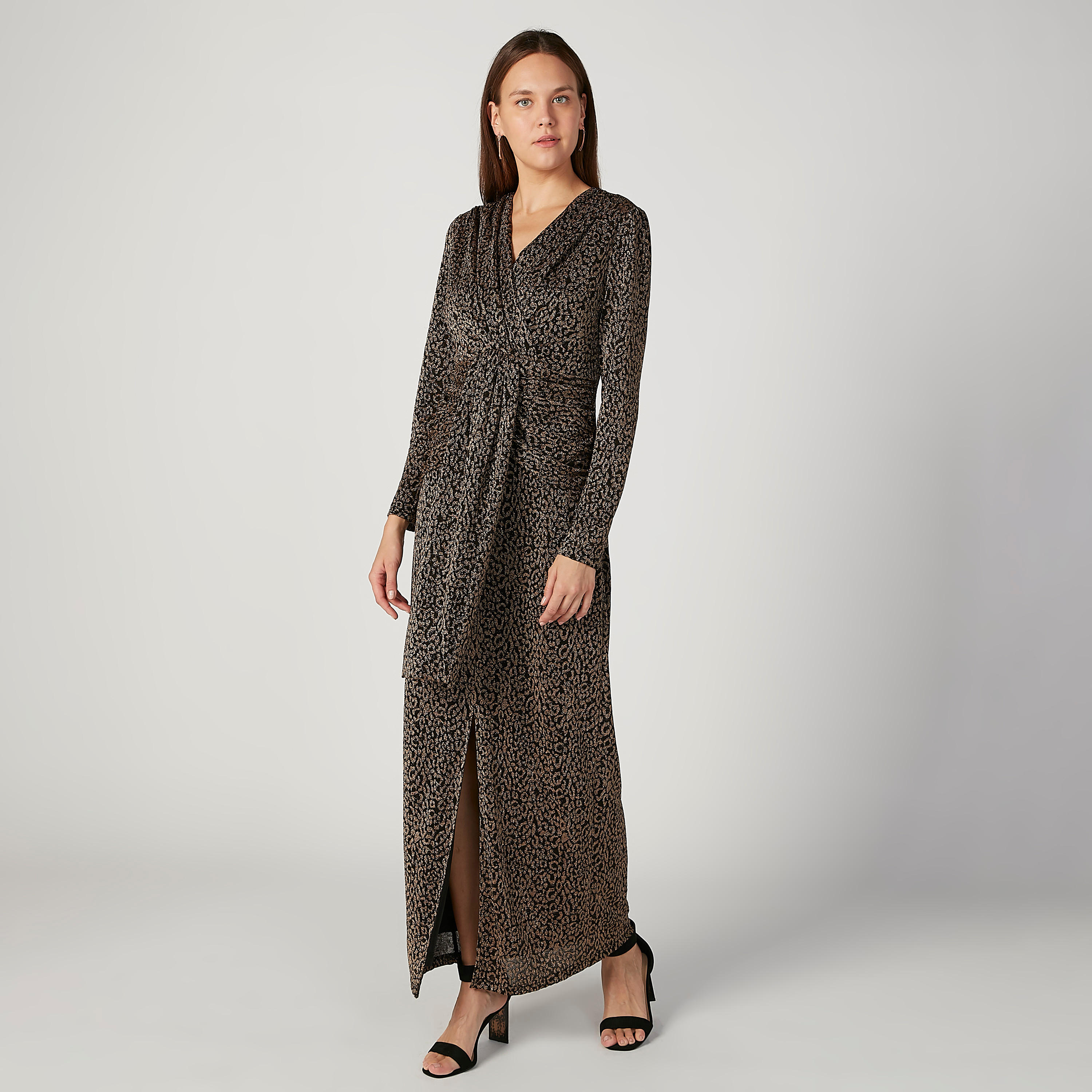 فستان طويل إيه لاين بارز الملمس بياقة V وأكمام طويلة من آيكونيك-women-clothing-dresses-image-1