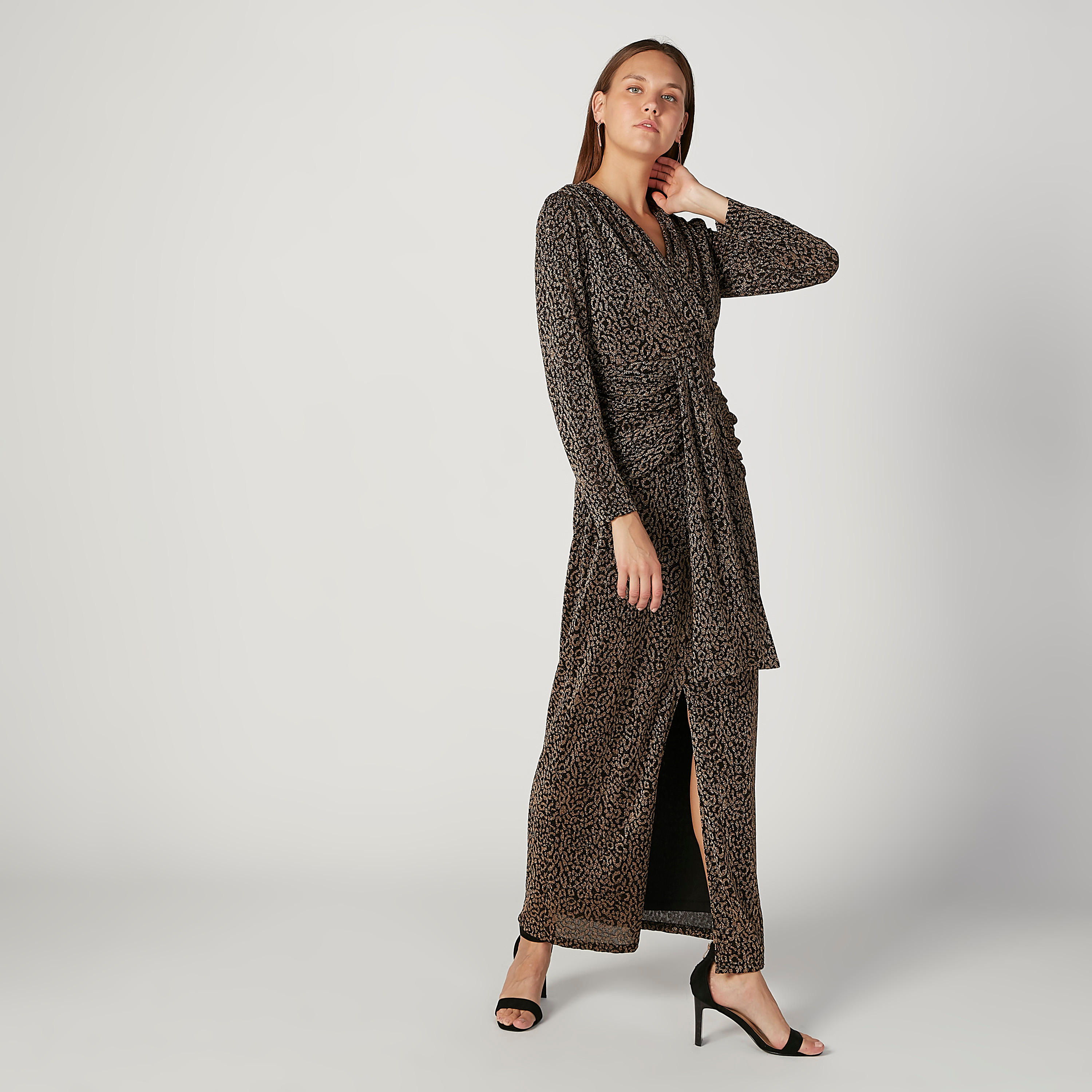 فستان طويل إيه لاين بارز الملمس بياقة V وأكمام طويلة من آيكونيك-women-clothing-dresses-image-2