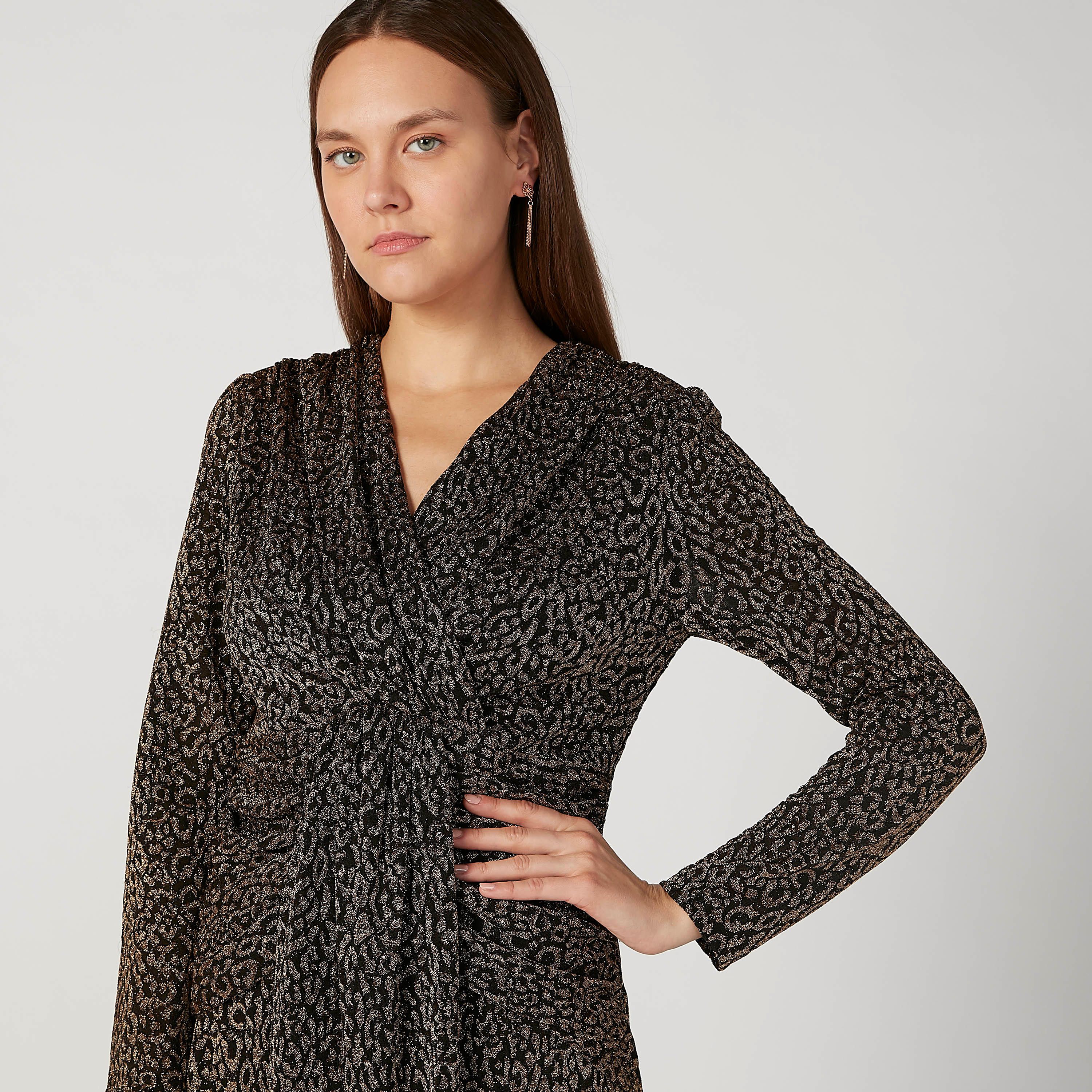 فستان طويل إيه لاين بارز الملمس بياقة V وأكمام طويلة من آيكونيك-women-clothing-dresses-image-3