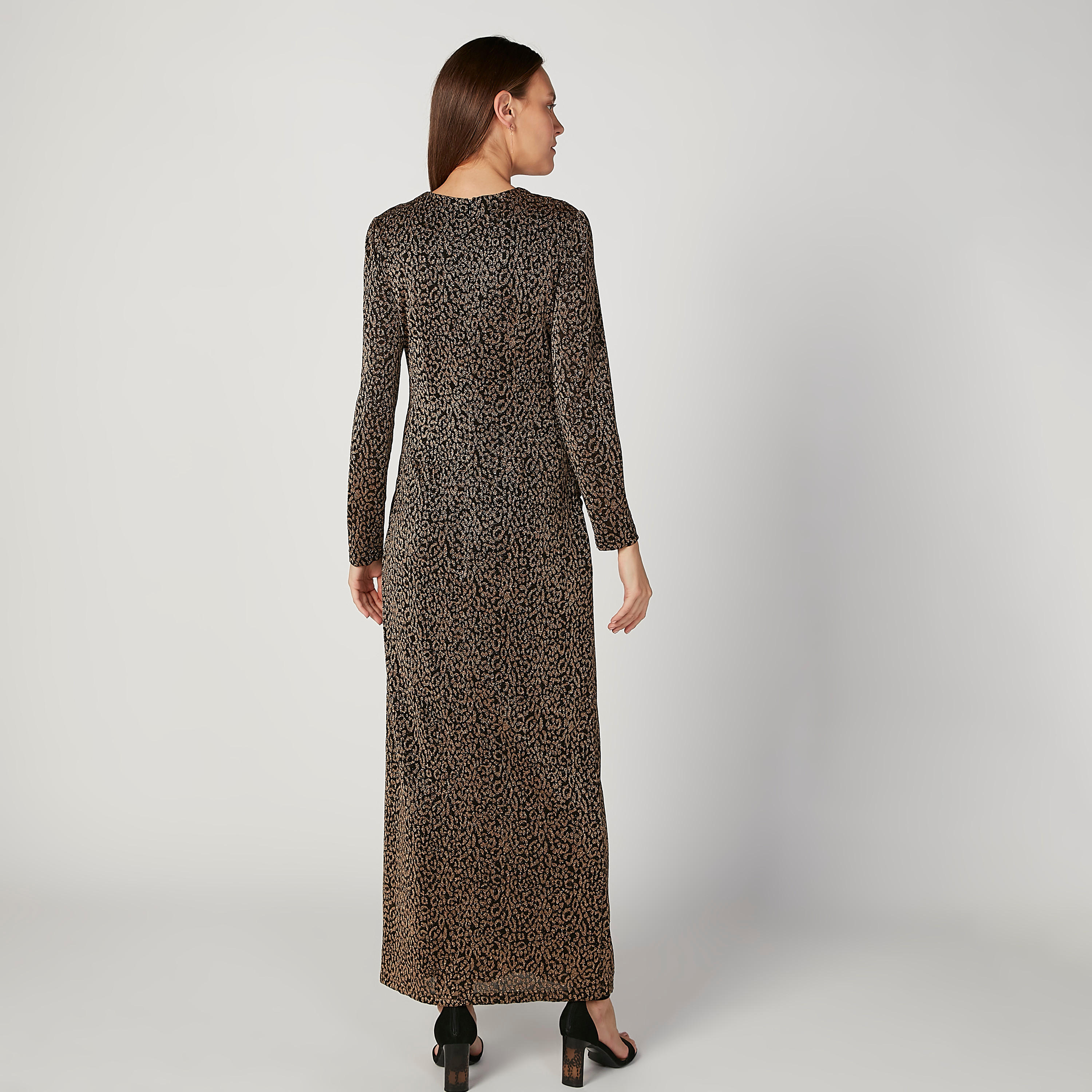 فستان طويل إيه لاين بارز الملمس بياقة V وأكمام طويلة من آيكونيك-women-clothing-dresses-image-4