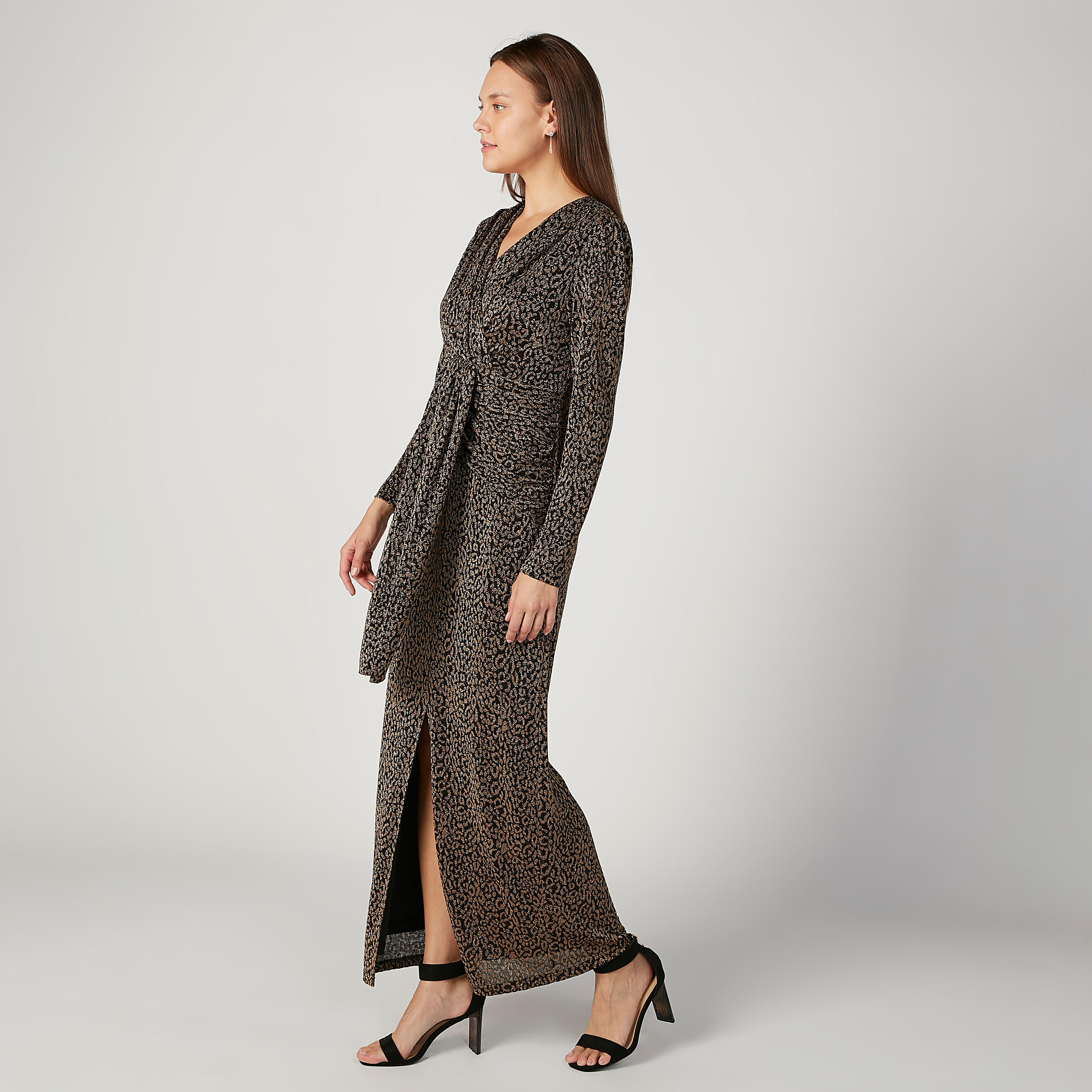 فستان طويل إيه لاين بارز الملمس بياقة V وأكمام طويلة من آيكونيك-women-clothing-dresses-image-5