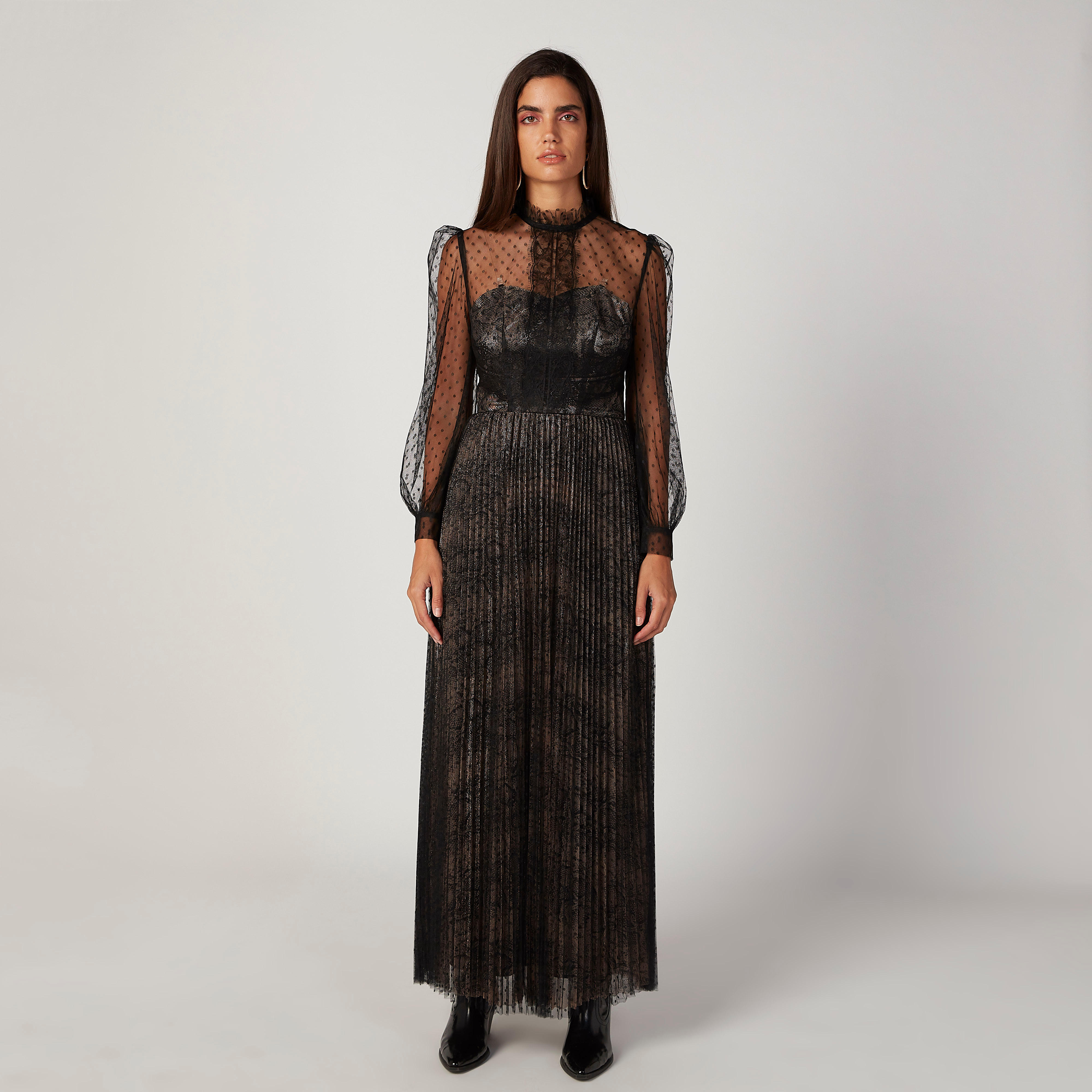 فستان طويل إيه لاين بأكمام بيشوب وتفاصيل دانتيل من آيكونيك-women-clothing-dresses-image-1