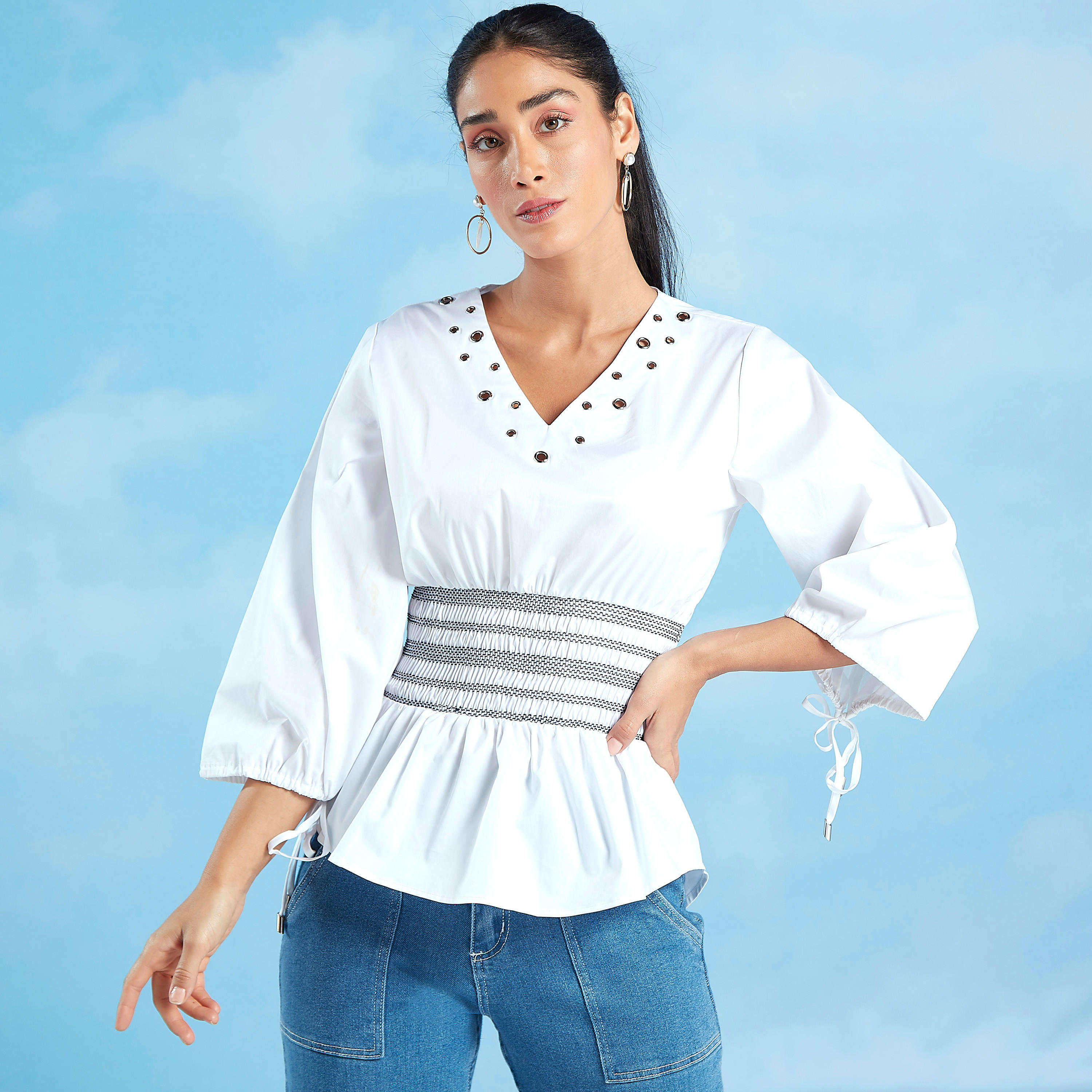 Iconic Embellished Peplum Top with V-neck and 3/4 Sleeves-women-clothing-shirtsandblouses-blouses-image-1