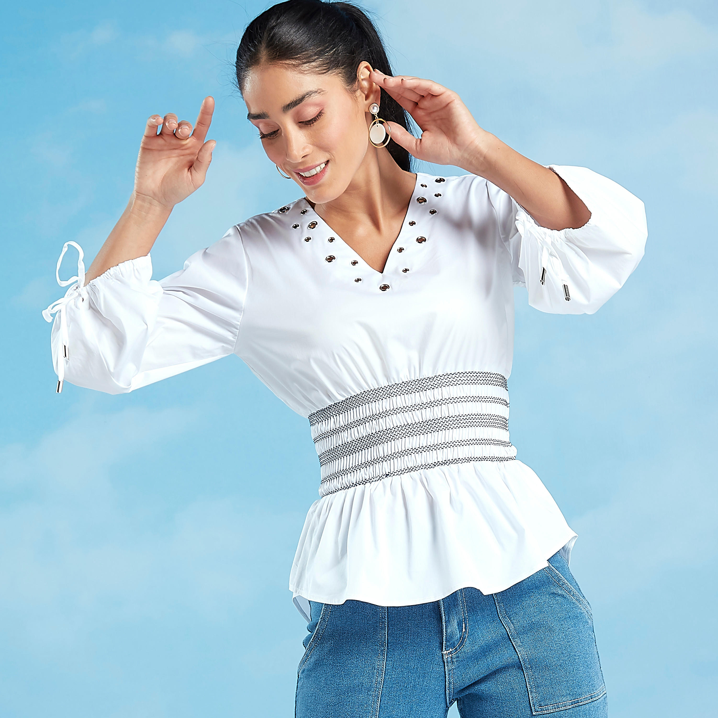 Iconic Embellished Peplum Top with V-neck and 3/4 Sleeves-women-clothing-shirtsandblouses-blouses-image-2