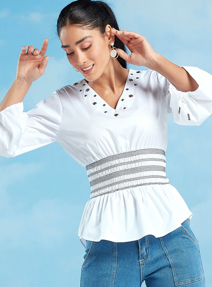 Iconic Embellished Peplum Top with V-neck and 3/4 Sleeves-women-clothing-shirtsandblouses-blouses-image-2