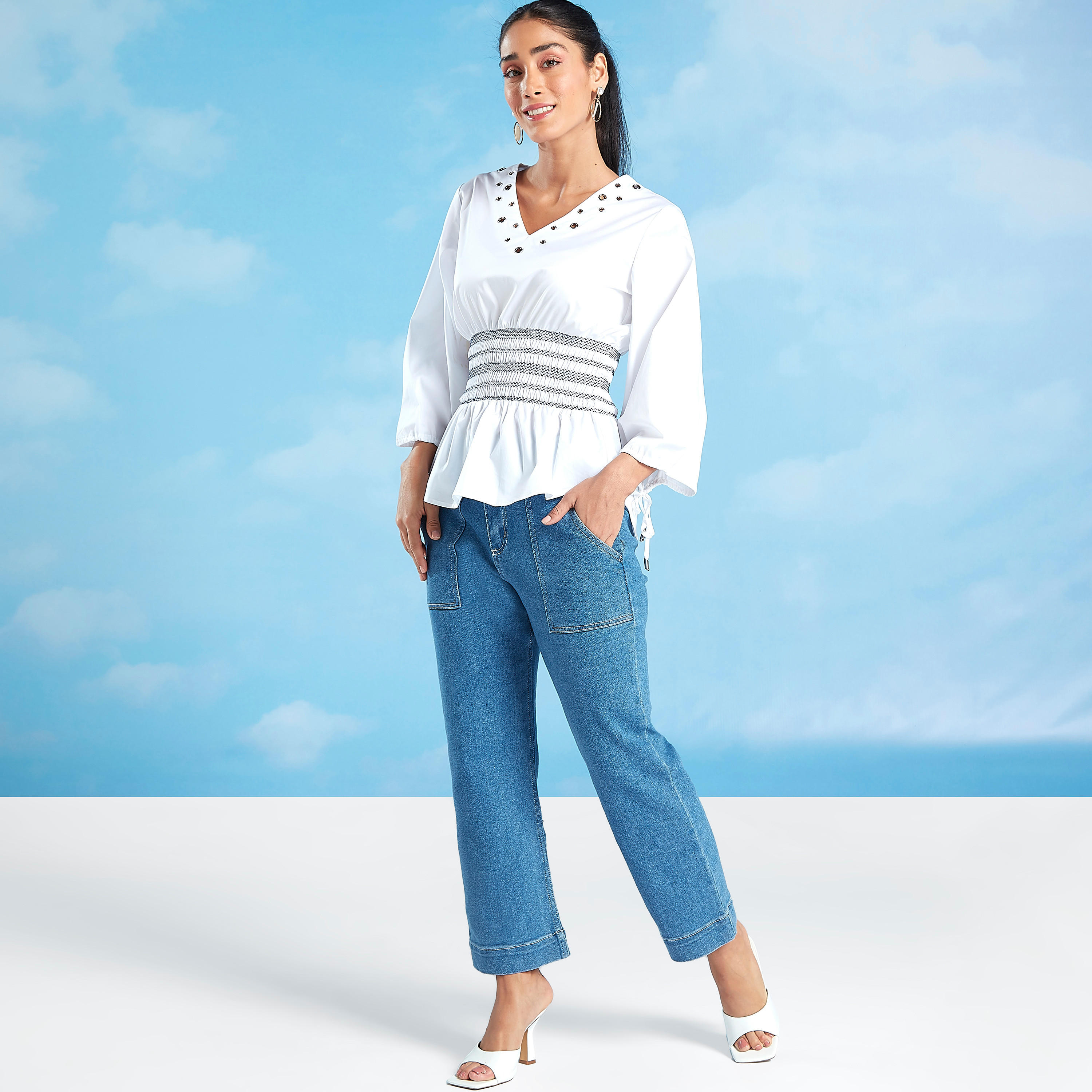 Iconic Embellished Peplum Top with V-neck and 3/4 Sleeves-women-clothing-shirtsandblouses-blouses-image-3